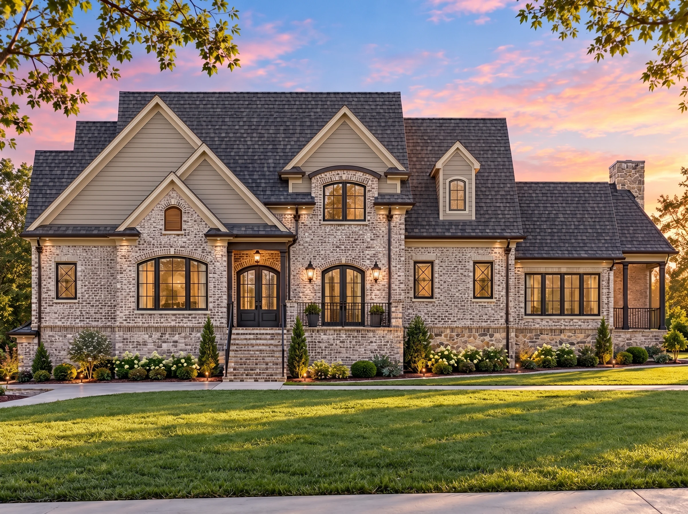 Plan  16-1832 – Gonzales Walk |  French Country – 4,604 SF – 4-Bed, 3.5-Bath - Natural Brick, AI-generated exterior concept