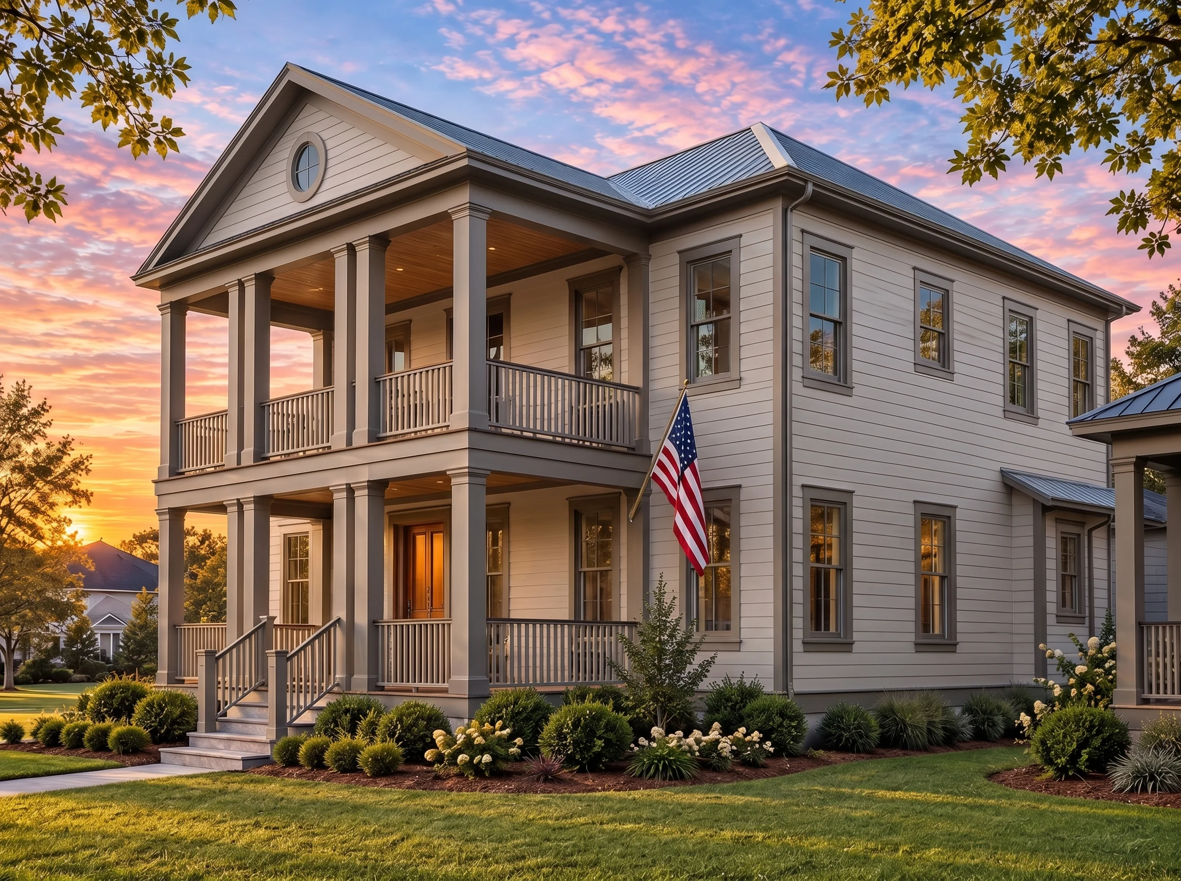 Plan  17-1006 – The Russell Estate |  Colonial – 3-Bed, 3.5-Bath, 4,264 SF - Mushroom Taupe, AI-generated exterior concept