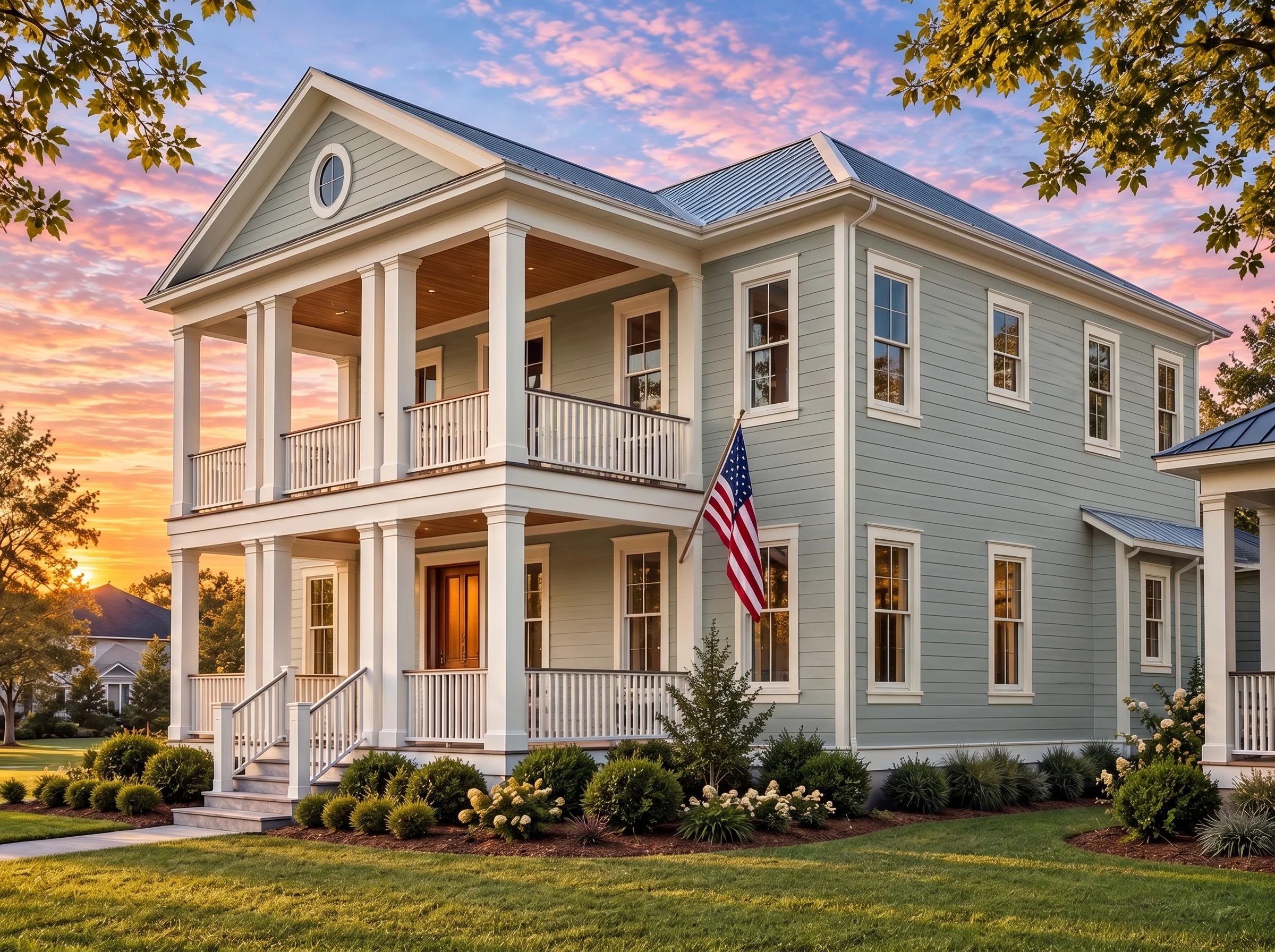 Plan  17-1006 – The Russell Estate |  Colonial – 3-Bed, 3.5-Bath, 4,264 SF - Muted Sage, AI-generated exterior concept