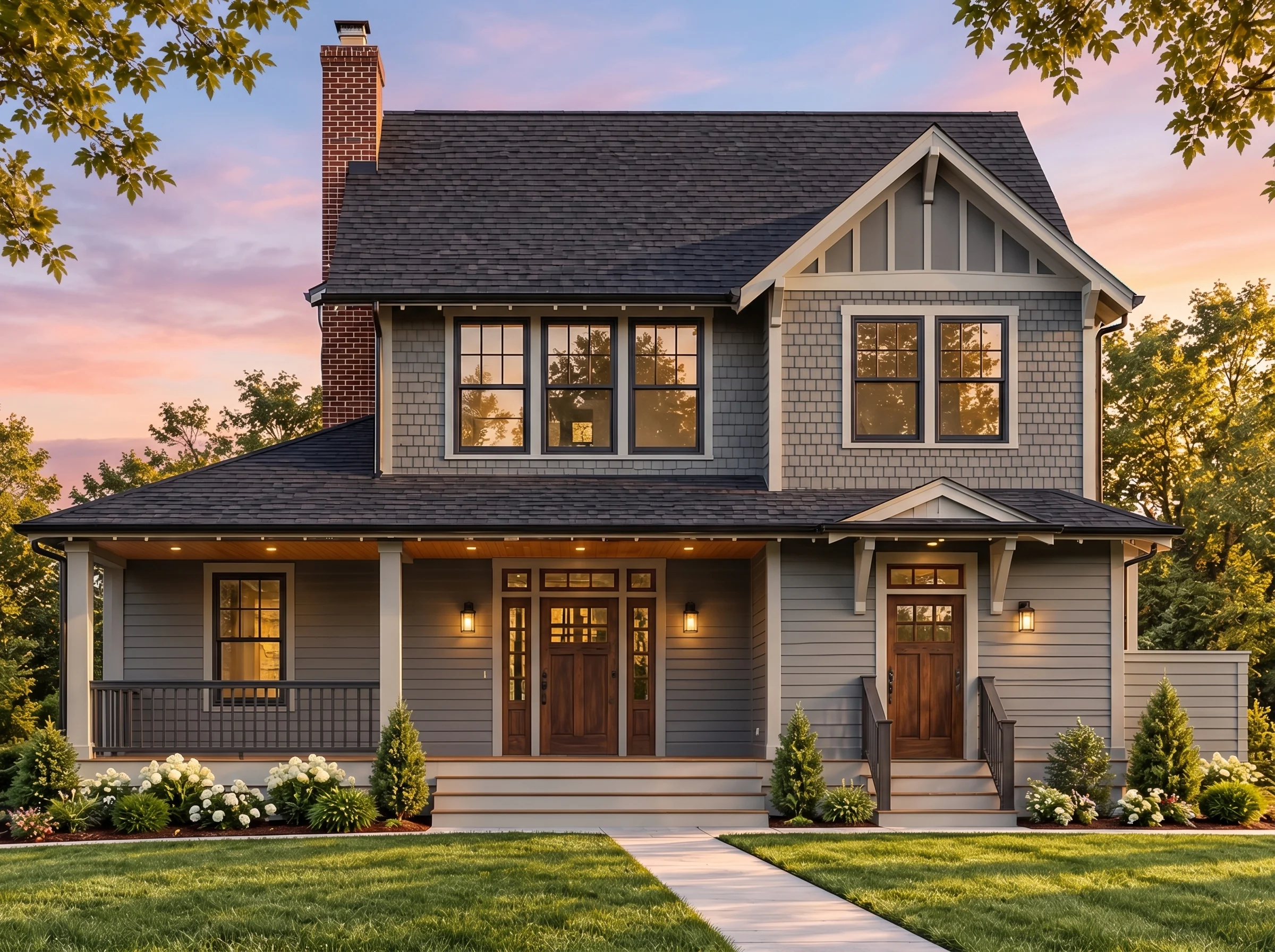 Plan  17-1008 – DwellCasa |  Traditional Craftsman – 4-Bed, 5-Bath, 2,400 SF - Warm Charcoal, AI-generated exterior concept