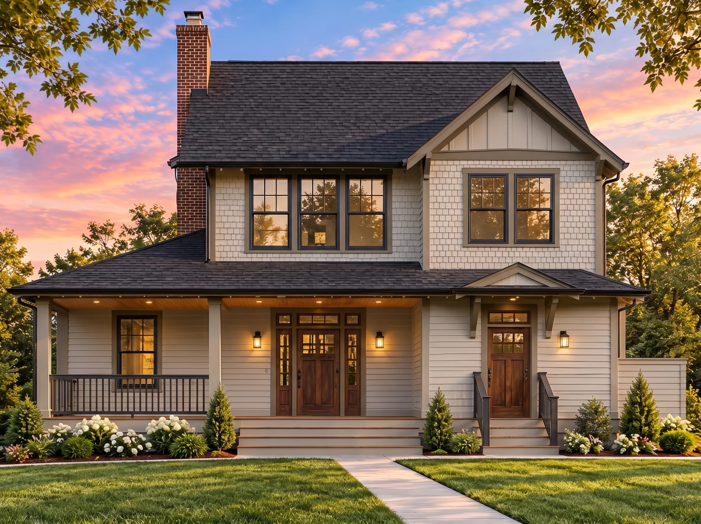 Plan  17-1008 – DwellCasa |  Traditional Craftsman – 4-Bed, 5-Bath, 2,400 SF - Mushroom Taupe, AI-generated exterior concept