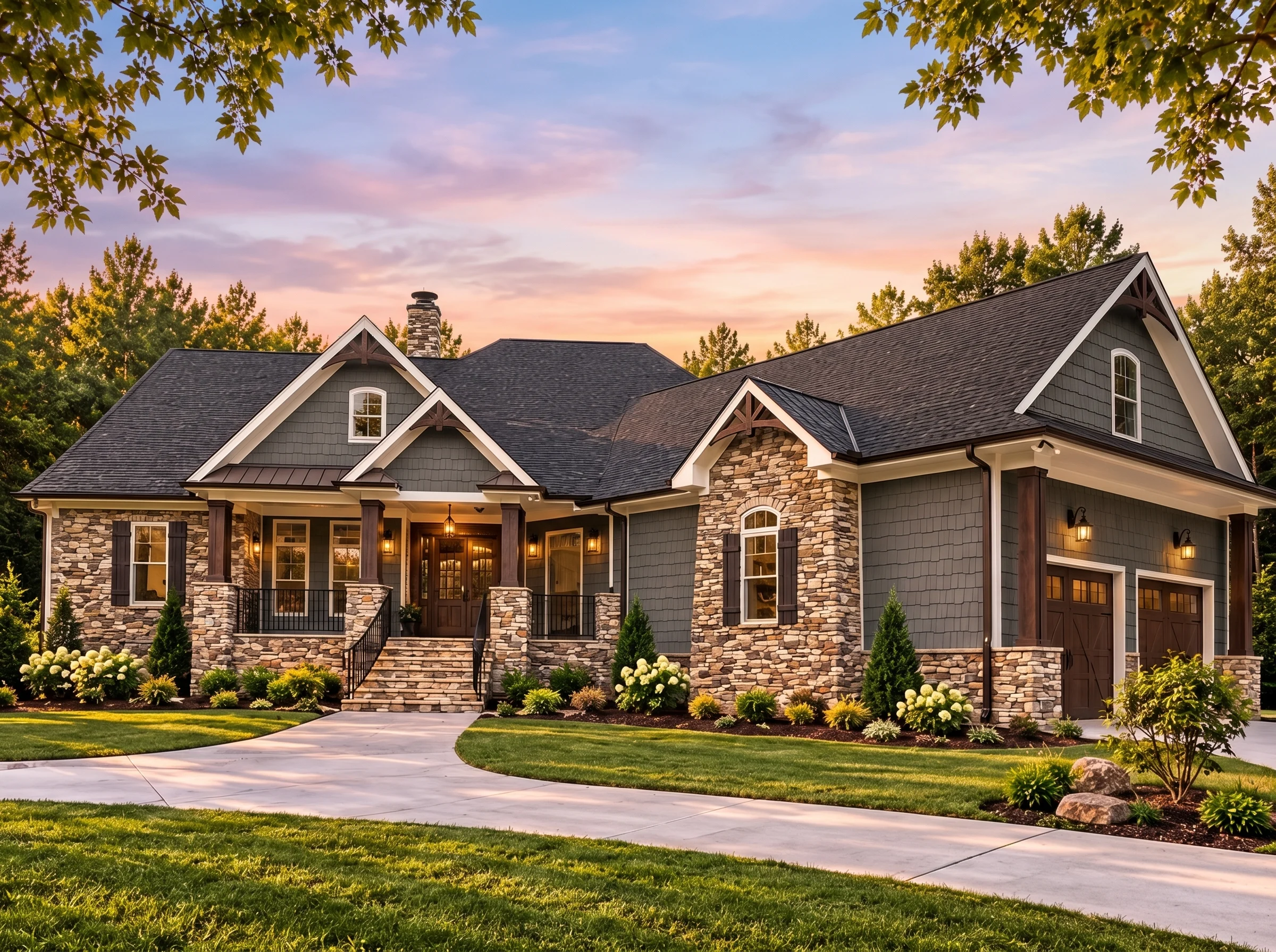Plan  17-1039 – Auburn Grove Residence  | Craftsman Ranch – 4-Bed, 3.5-Bath, 3,237 SF - Warm Charcoal, AI-generated exterior concept