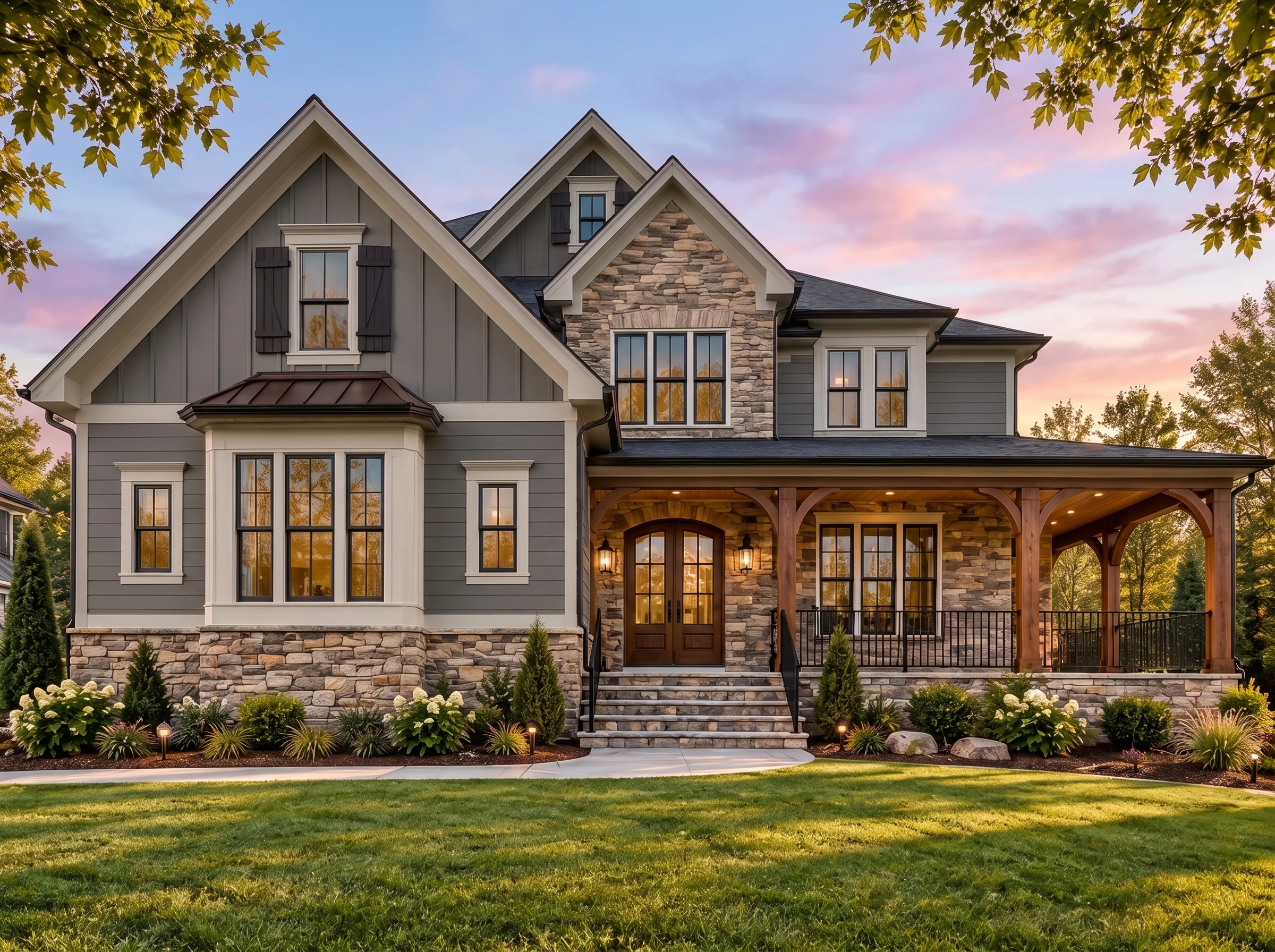 Plan  17-1035 – Auburn Run Lodge |  New American – 5-Bed, 5-Bath, 5,111 SF - Warm Charcoal, AI-generated exterior concept