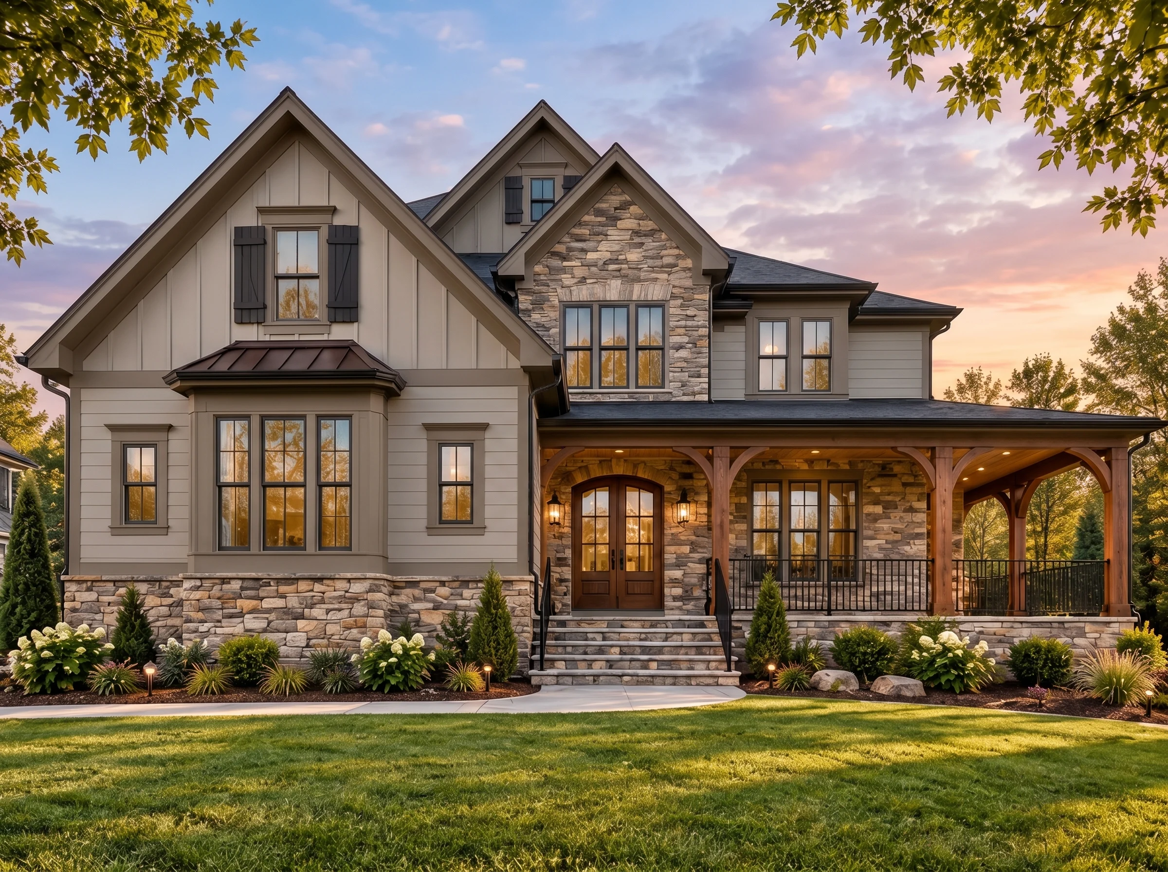 Plan  17-1035 – Auburn Run Lodge |  New American – 5-Bed, 5-Bath, 5,111 SF - Mushroom Taupe, AI-generated exterior concept
