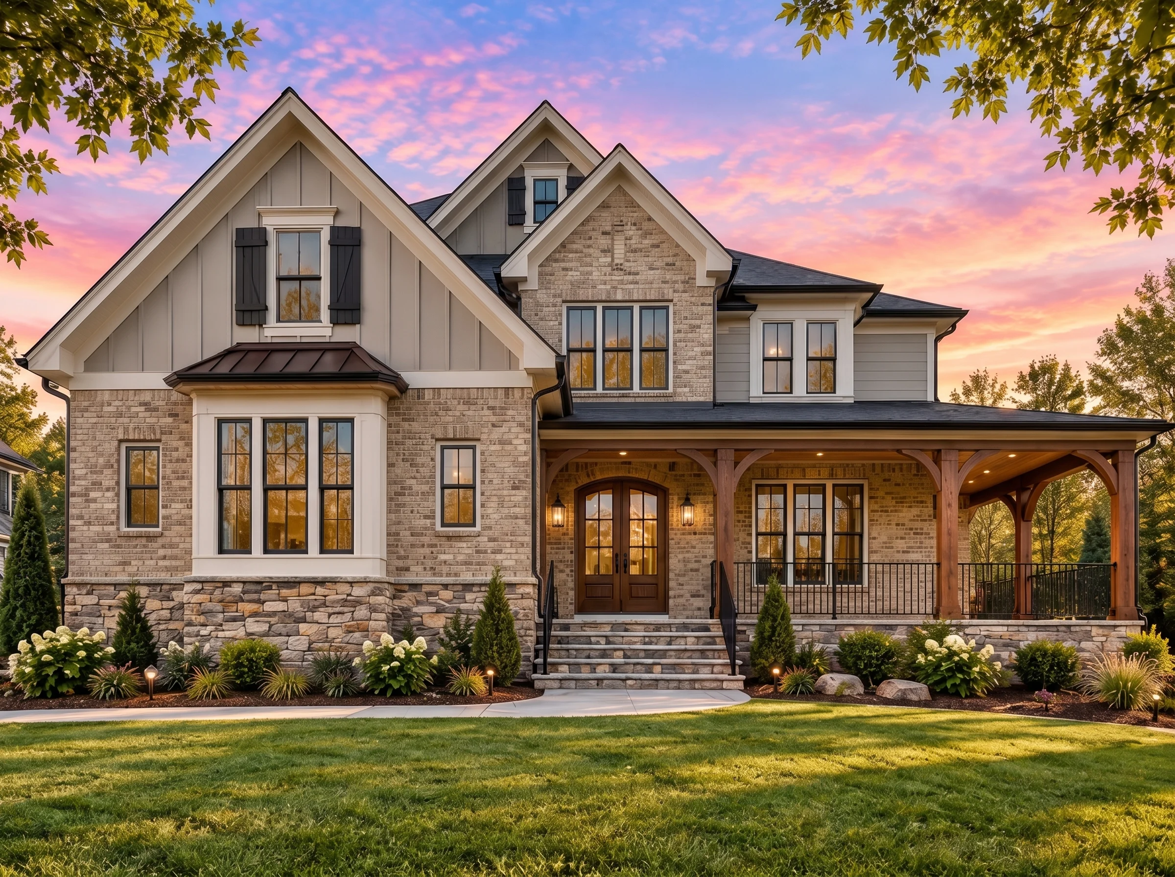 Plan  17-1035 – Auburn Run Lodge |  New American – 5-Bed, 5-Bath, 5,111 SF - Natural Brick, AI-generated exterior concept