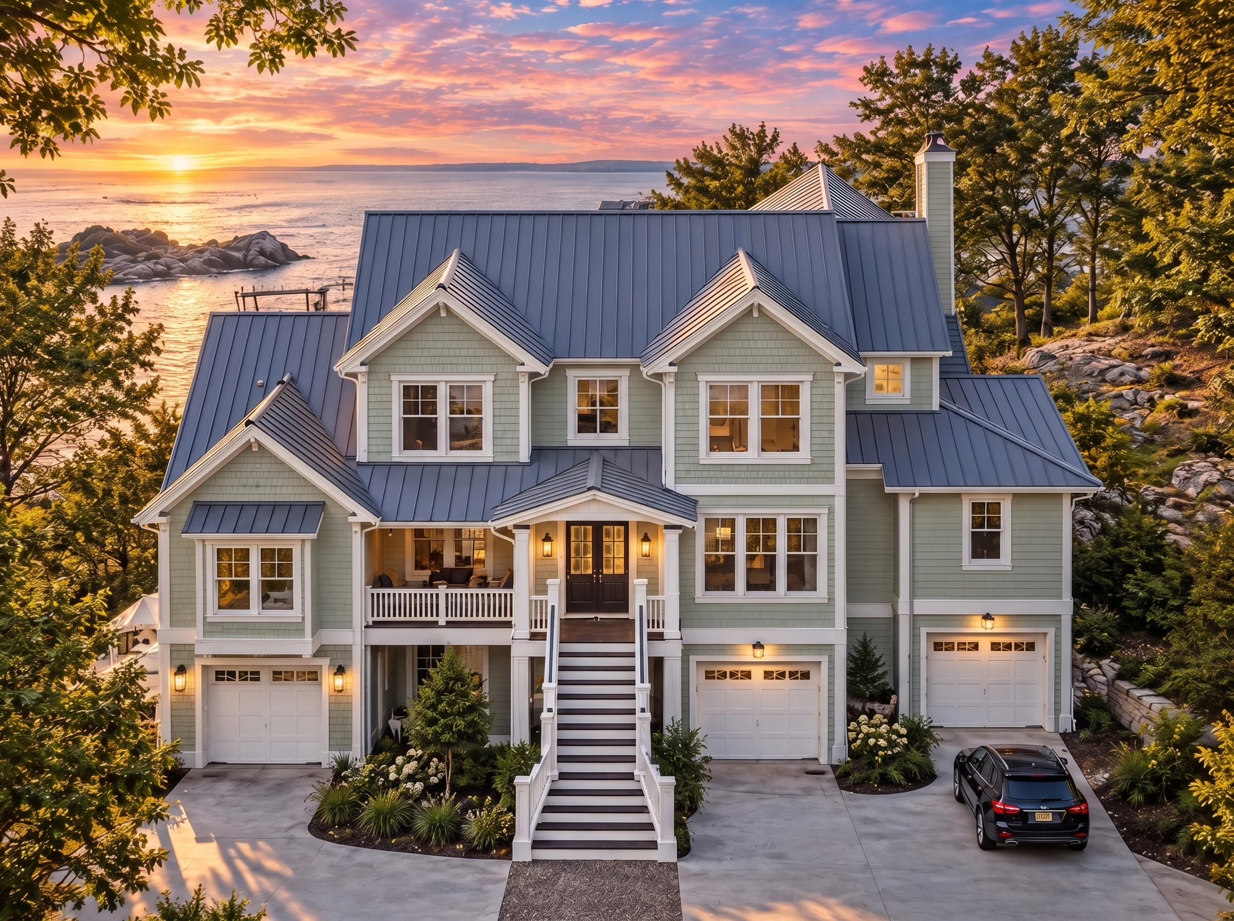 Plan  17-1036 – Hayes Crossing |  Coastal Traditional – 5-Bed, 5-Bath, 4,222 SF - Muted Sage, AI-generated exterior concept