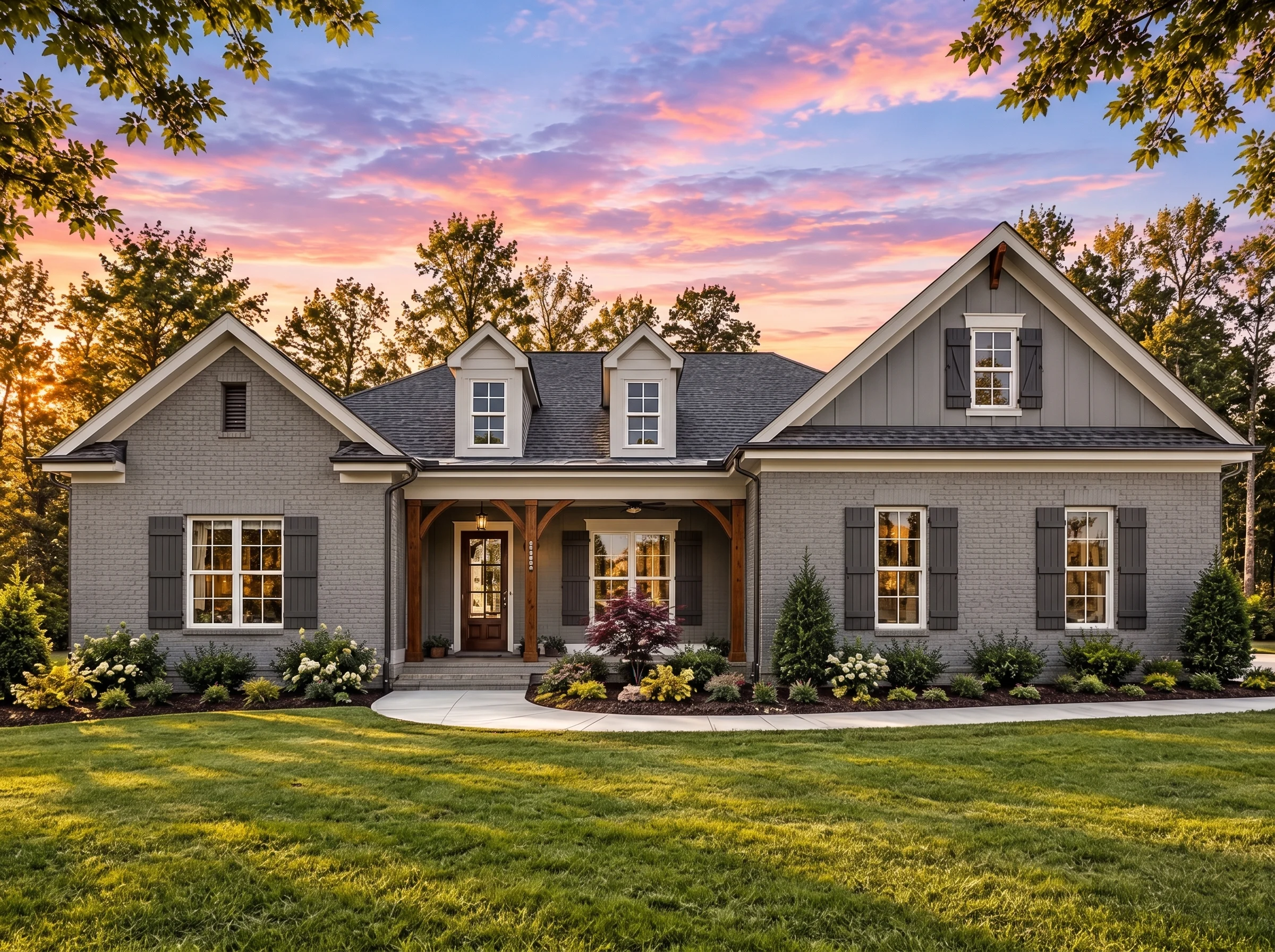 Plan  17-1048B – Aster Bend Haven |  New American – 4-Bed, 3.5-Bath, 2,815 SF - Warm Charcoal, AI-generated exterior concept