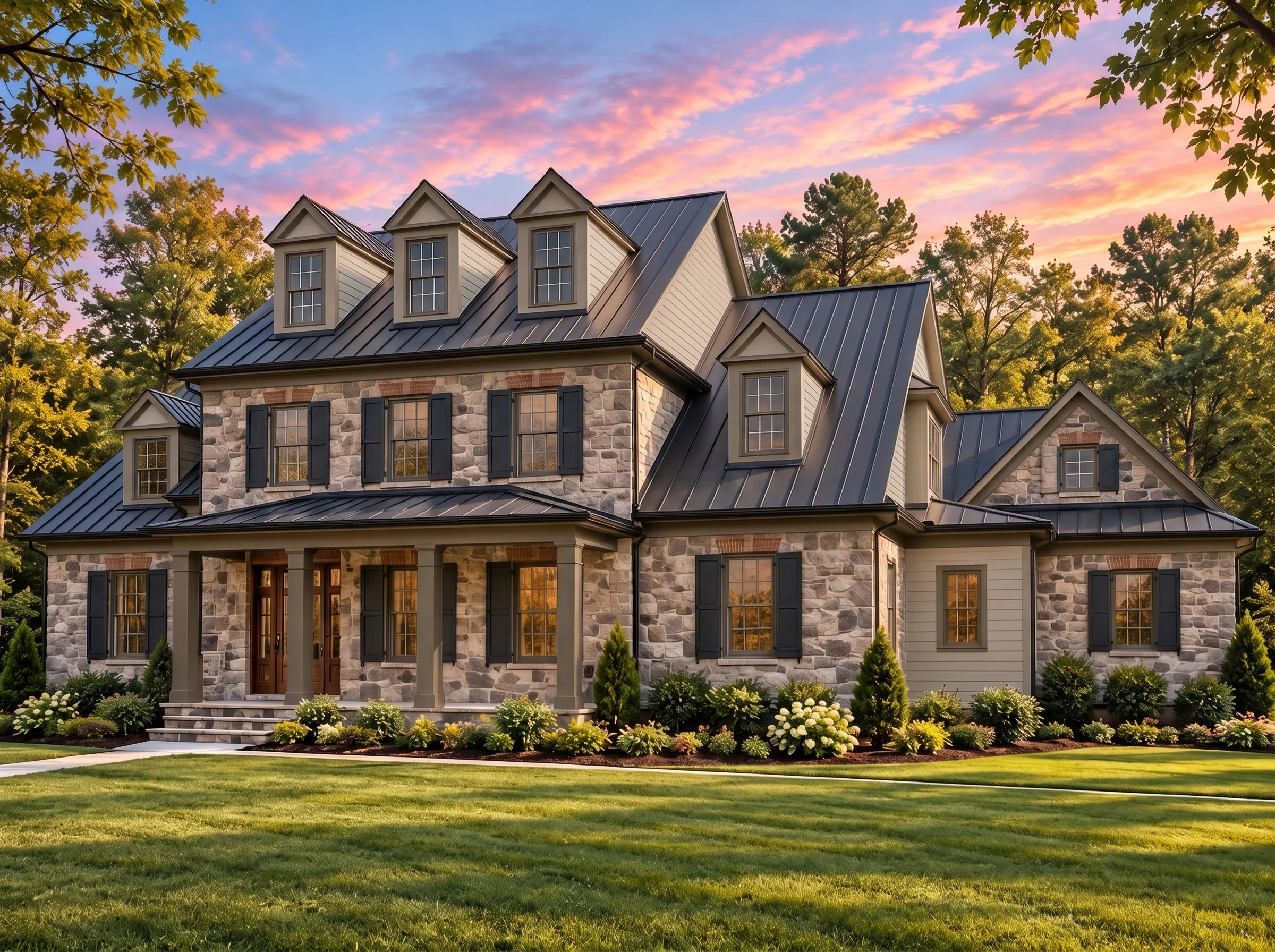 Plan  17-1037 – The Smith Manor |  Colonial – 5-Bed, 5-Bath, 5,621 SF - Mushroom Taupe, AI-generated exterior concept
