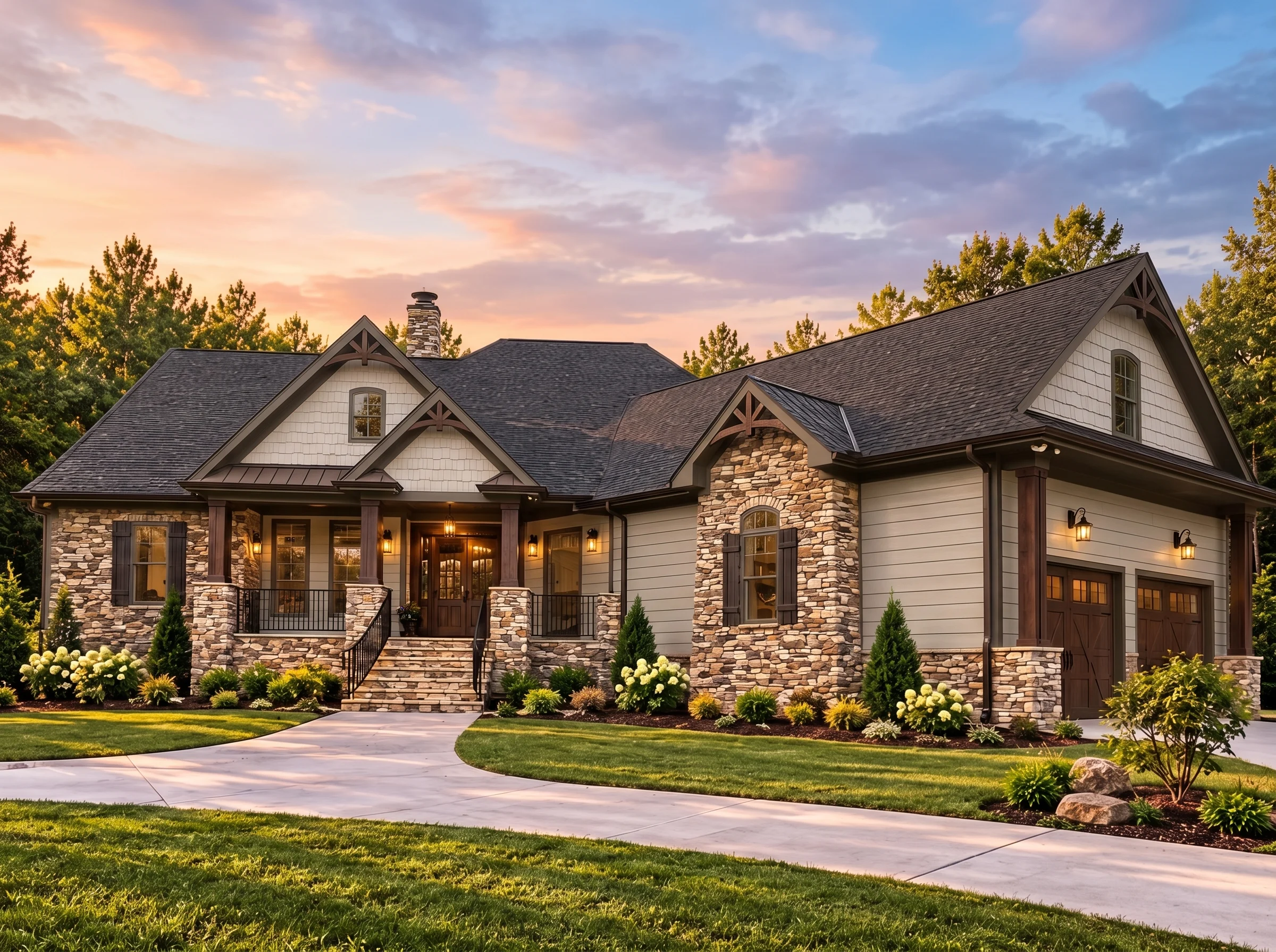 Plan  17-1039 – Auburn Grove Residence  | Craftsman Ranch – 4-Bed, 3.5-Bath, 3,237 SF - Mushroom Taupe, AI-generated exterior concept