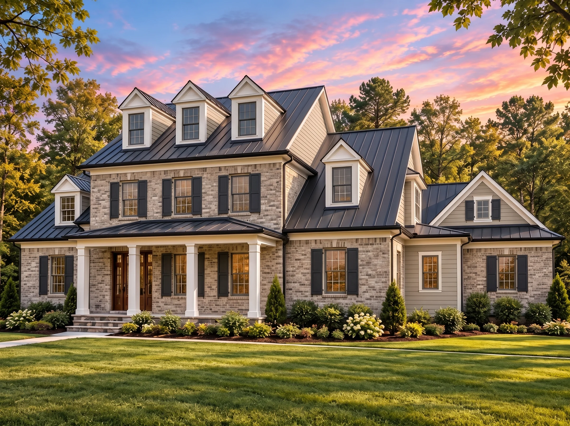 Plan  17-1037 – The Smith Manor |  Colonial – 5-Bed, 5-Bath, 5,621 SF - Natural Brick, AI-generated exterior concept