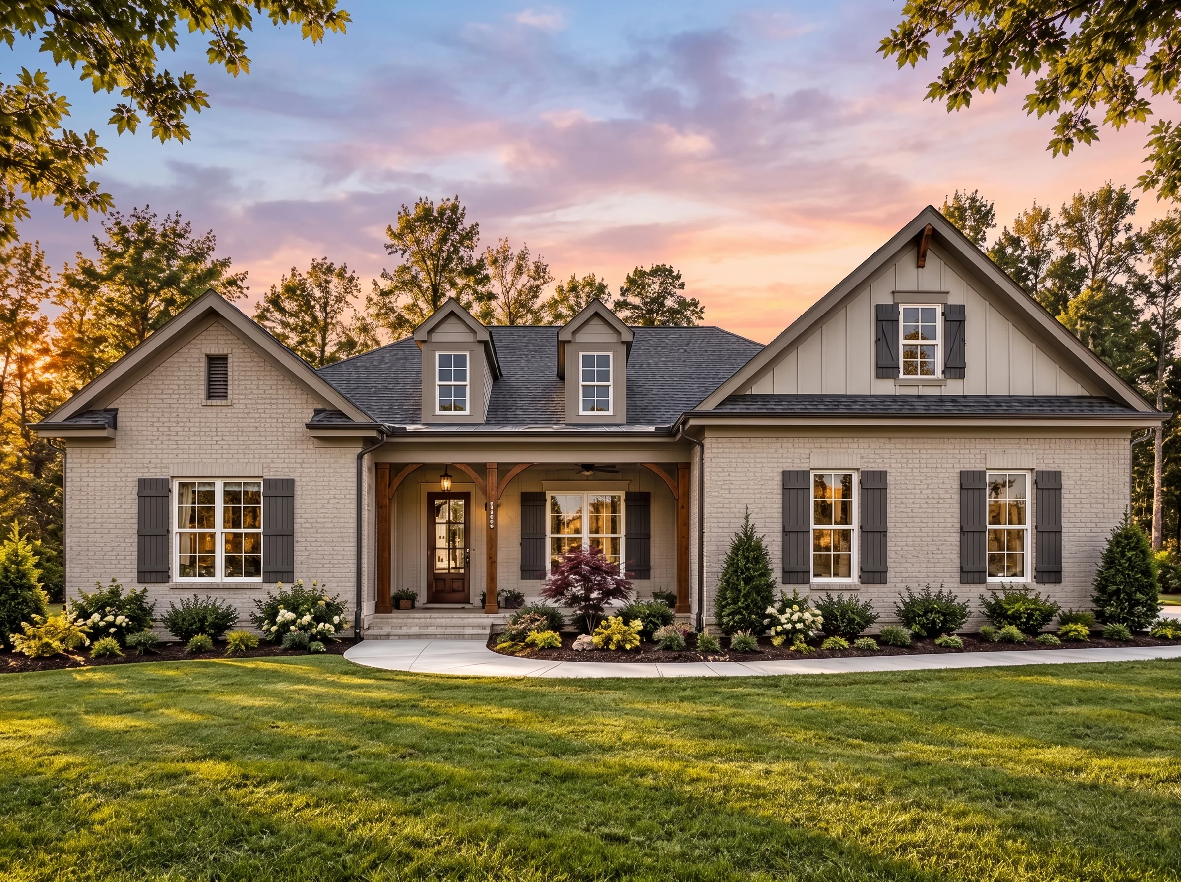 Plan  17-1048B – Aster Bend Haven |  New American – 4-Bed, 3.5-Bath, 2,815 SF - Mushroom Taupe, AI-generated exterior concept
