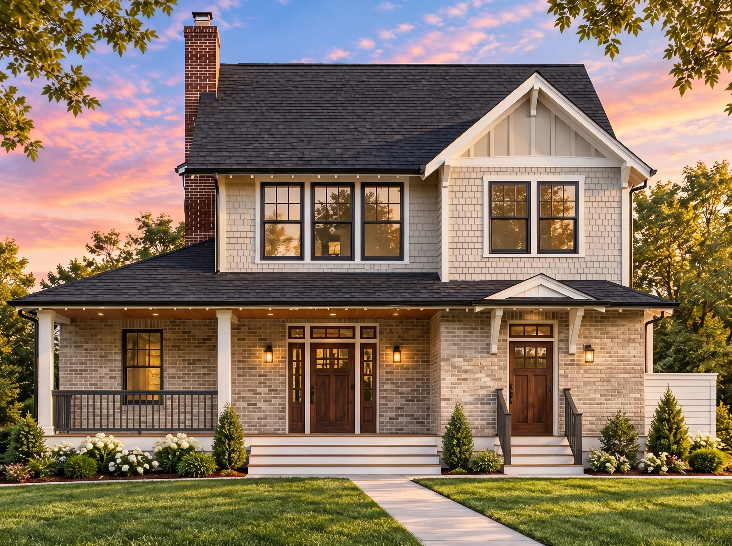 Plan  17-1008 – DwellCasa |  Traditional Craftsman – 4-Bed, 5-Bath, 2,400 SF - Natural Brick, AI-generated exterior concept