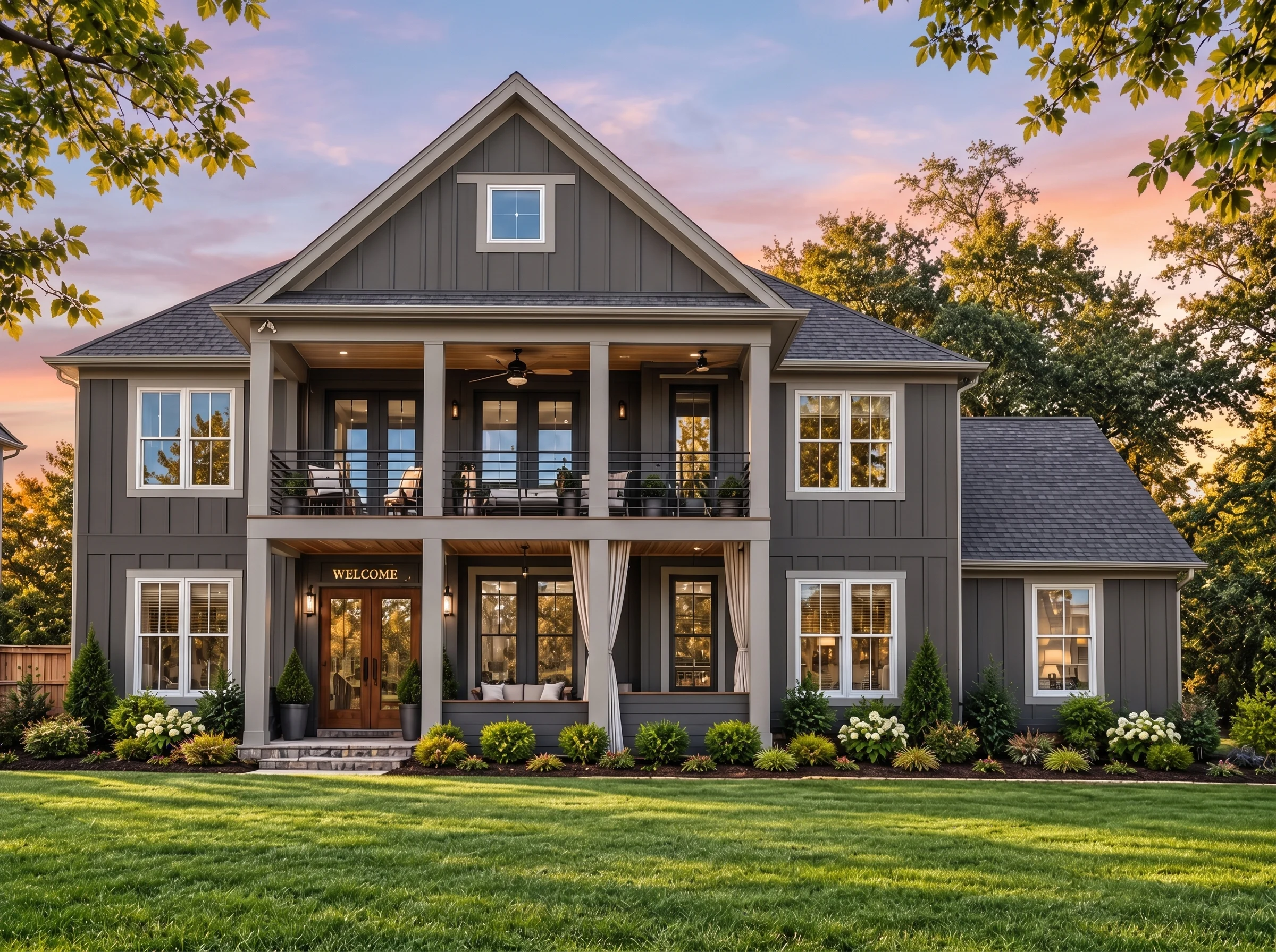 Plan  17-1167 – Auburn Vale Hall |  Modern Farmhouse – 4-Bed, 3-Bath, 2,380 SF - Warm Charcoal, AI-generated exterior concept