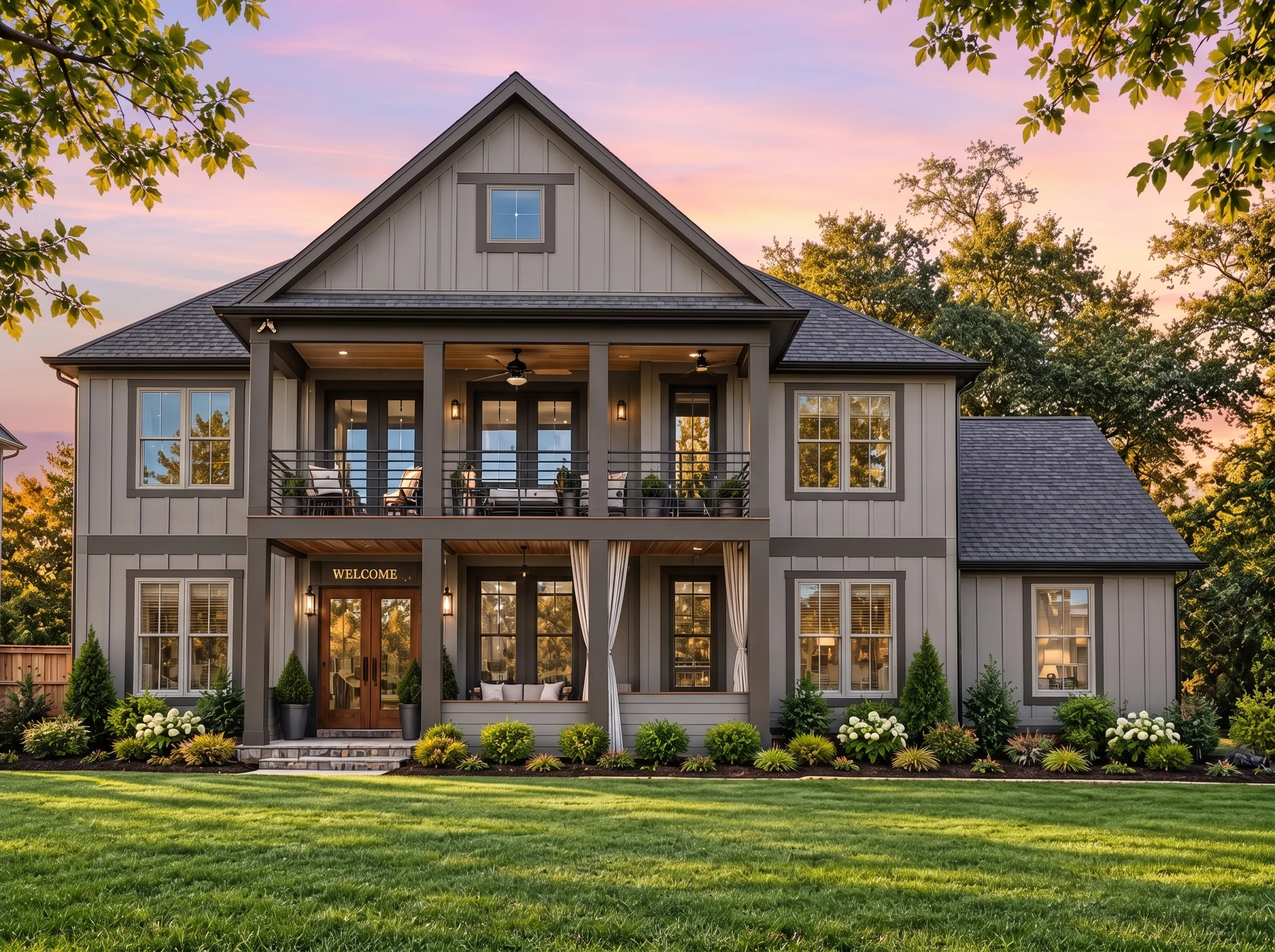 Plan  17-1167 – Auburn Vale Hall |  Modern Farmhouse – 4-Bed, 3-Bath, 2,380 SF - Mushroom Taupe, AI-generated exterior concept