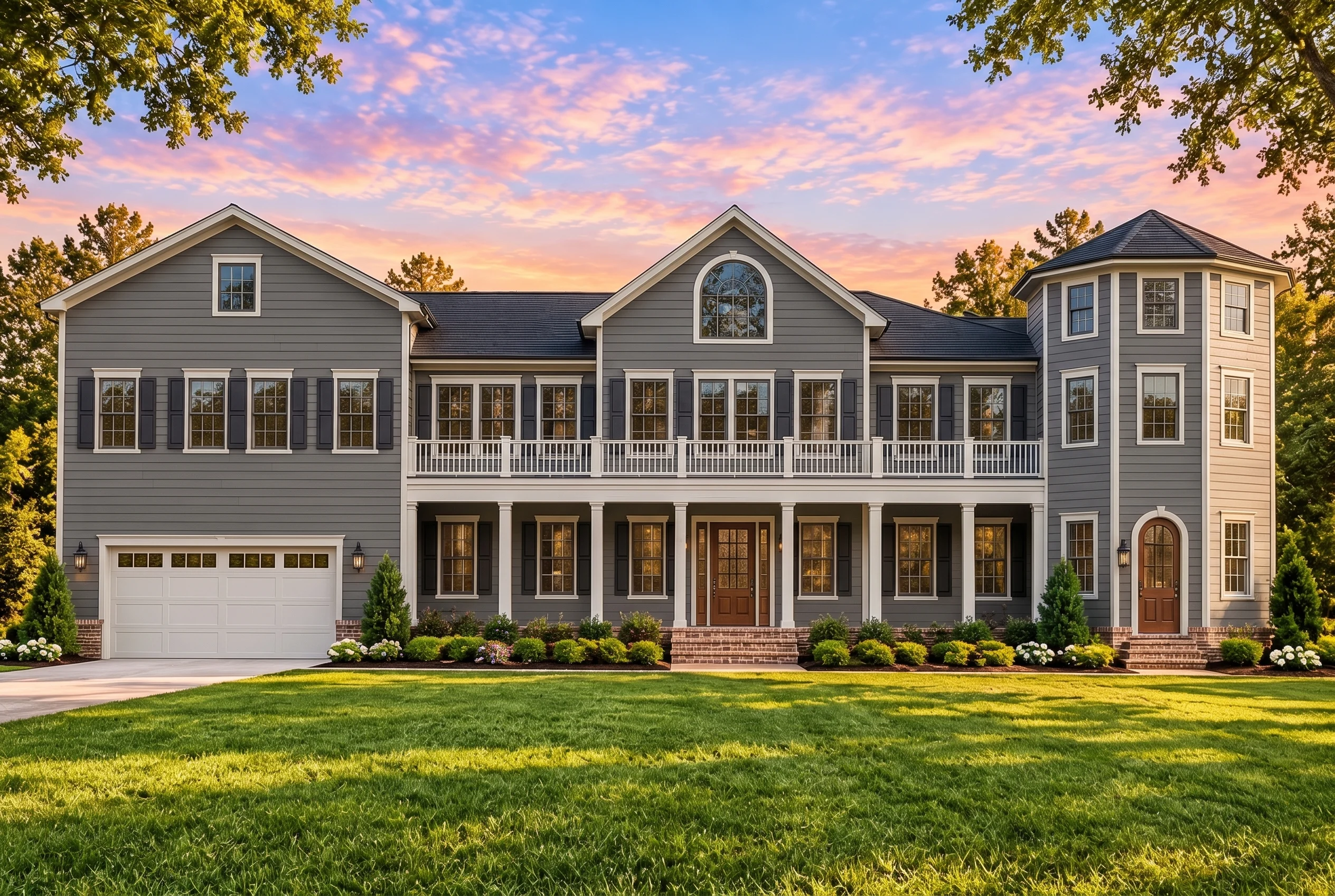 Plan  17-1150 – Lancaster Place |  Colonial Revival – 3-Bed, 4.5-Bath, 4,773 SF - Warm Charcoal, AI-generated exterior concept