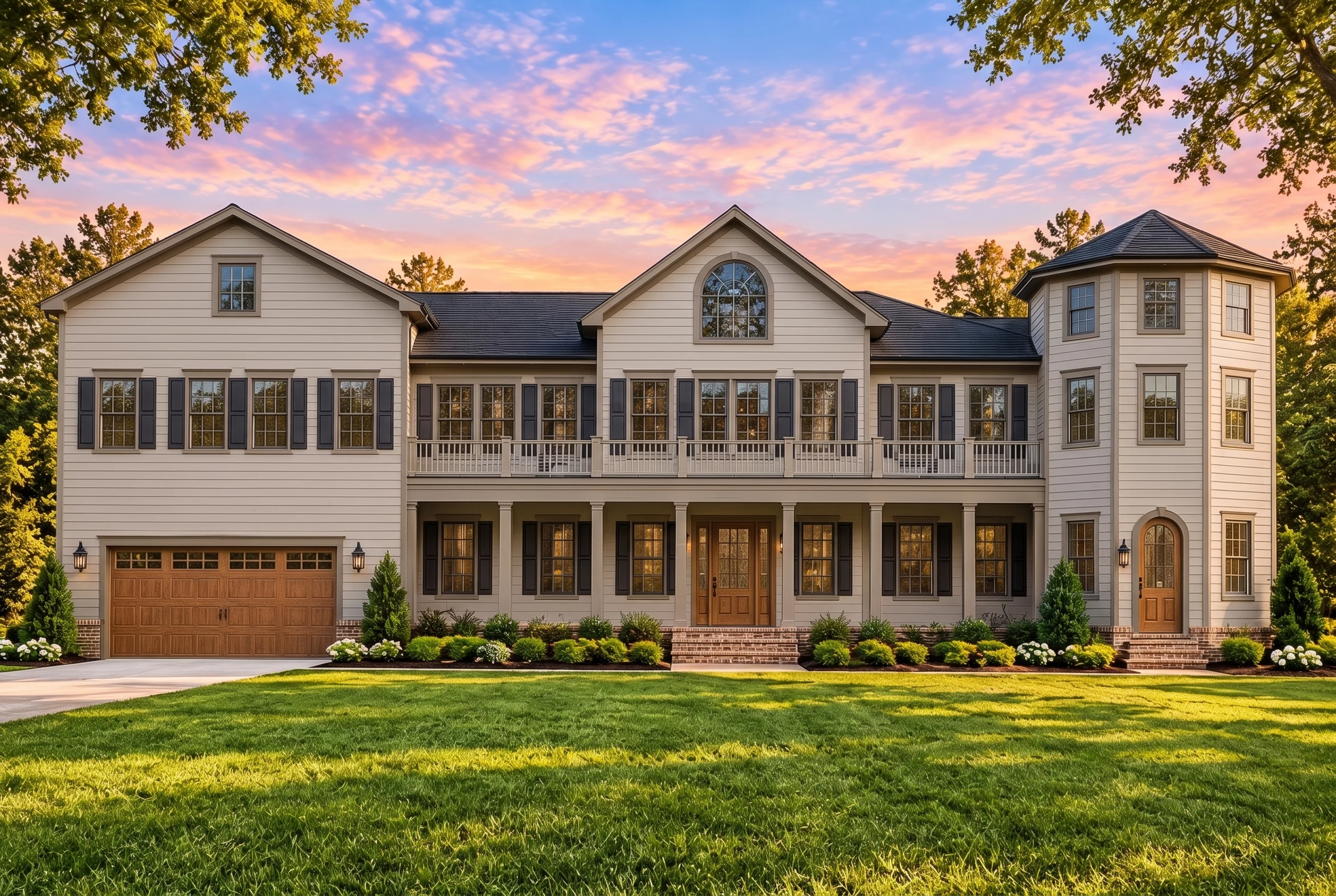Plan  17-1150 – Lancaster Place |  Colonial Revival – 3-Bed, 4.5-Bath, 4,773 SF - Mushroom Taupe, AI-generated exterior concept