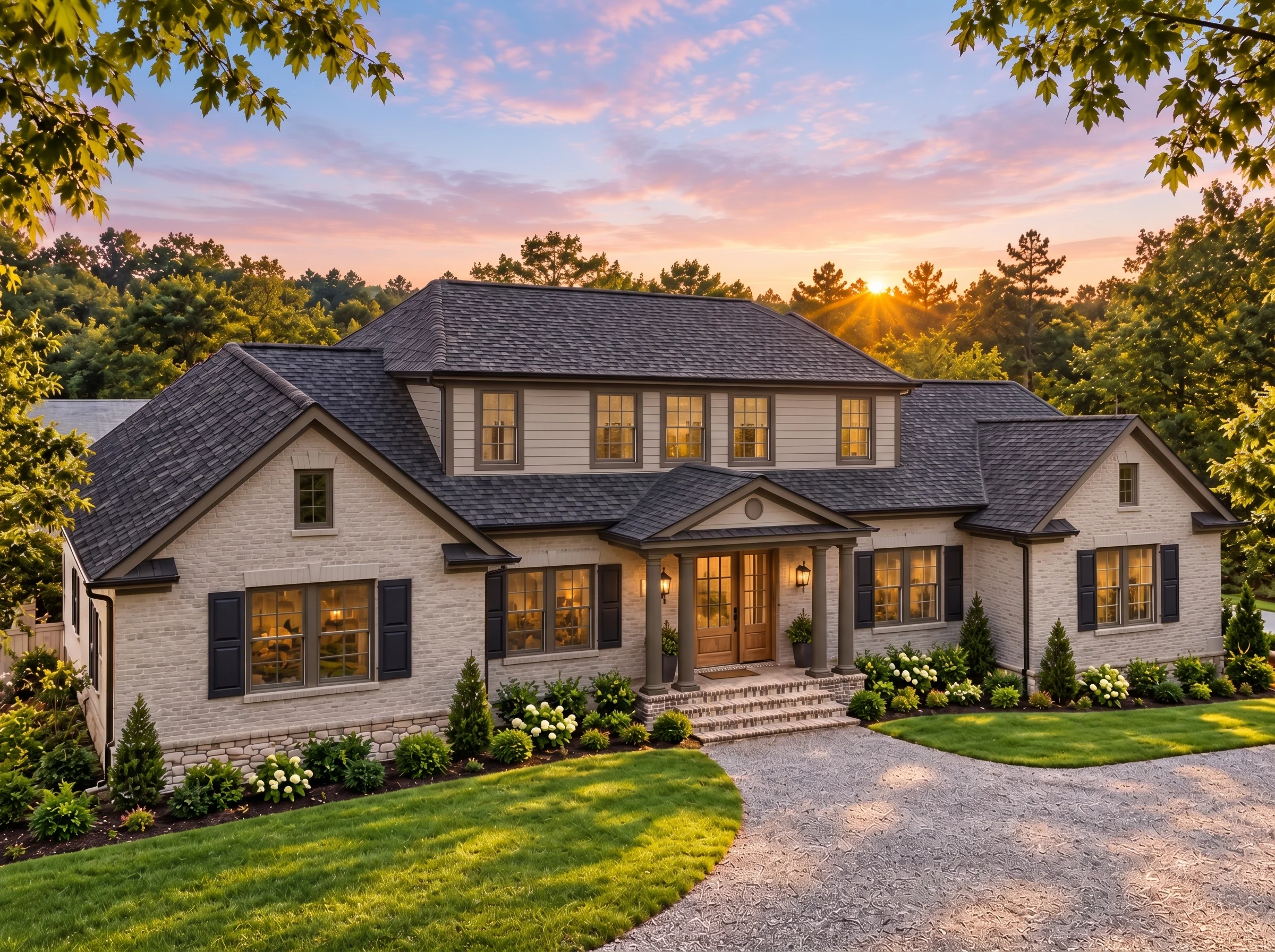 Plan  17-1142 – The Taylor Farmhouse  | Traditional Colonial – 5-Bed, 5.5-Bath, 4,521 SF - Mushroom Taupe, AI-generated exterior concept