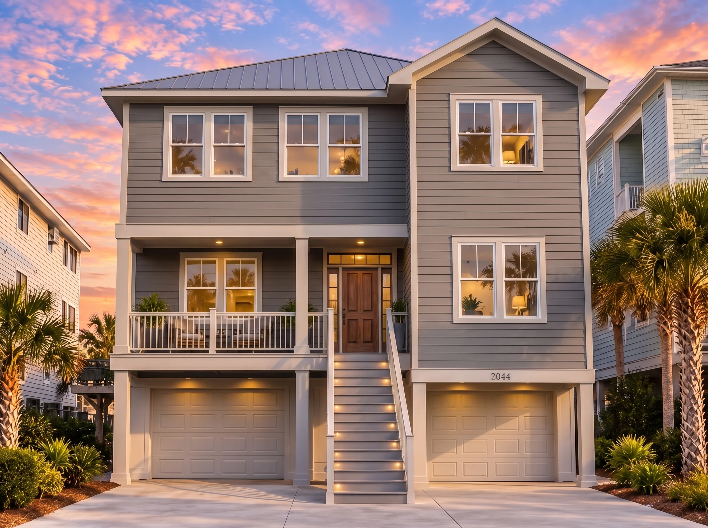 Plan  17-1117 – Moore Walk | Coastal  – 6-Bed, 5-Bath, 4,113 SF - Warm Charcoal, AI-generated exterior concept