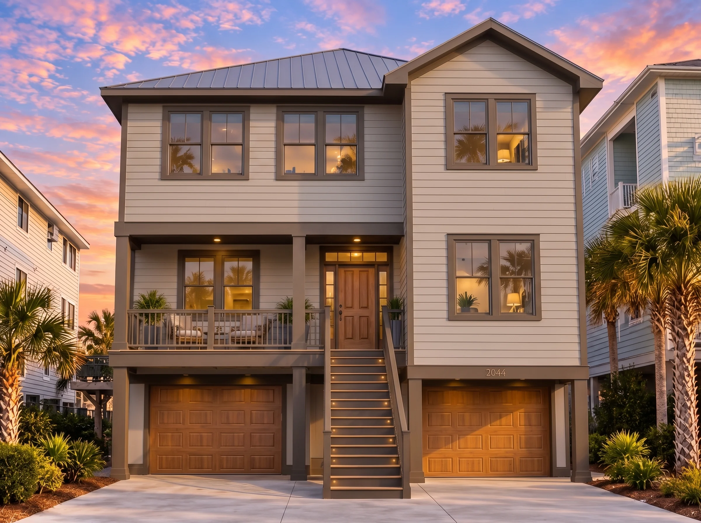 Plan  17-1117 – Moore Walk | Coastal  – 6-Bed, 5-Bath, 4,113 SF - Mushroom Taupe, AI-generated exterior concept