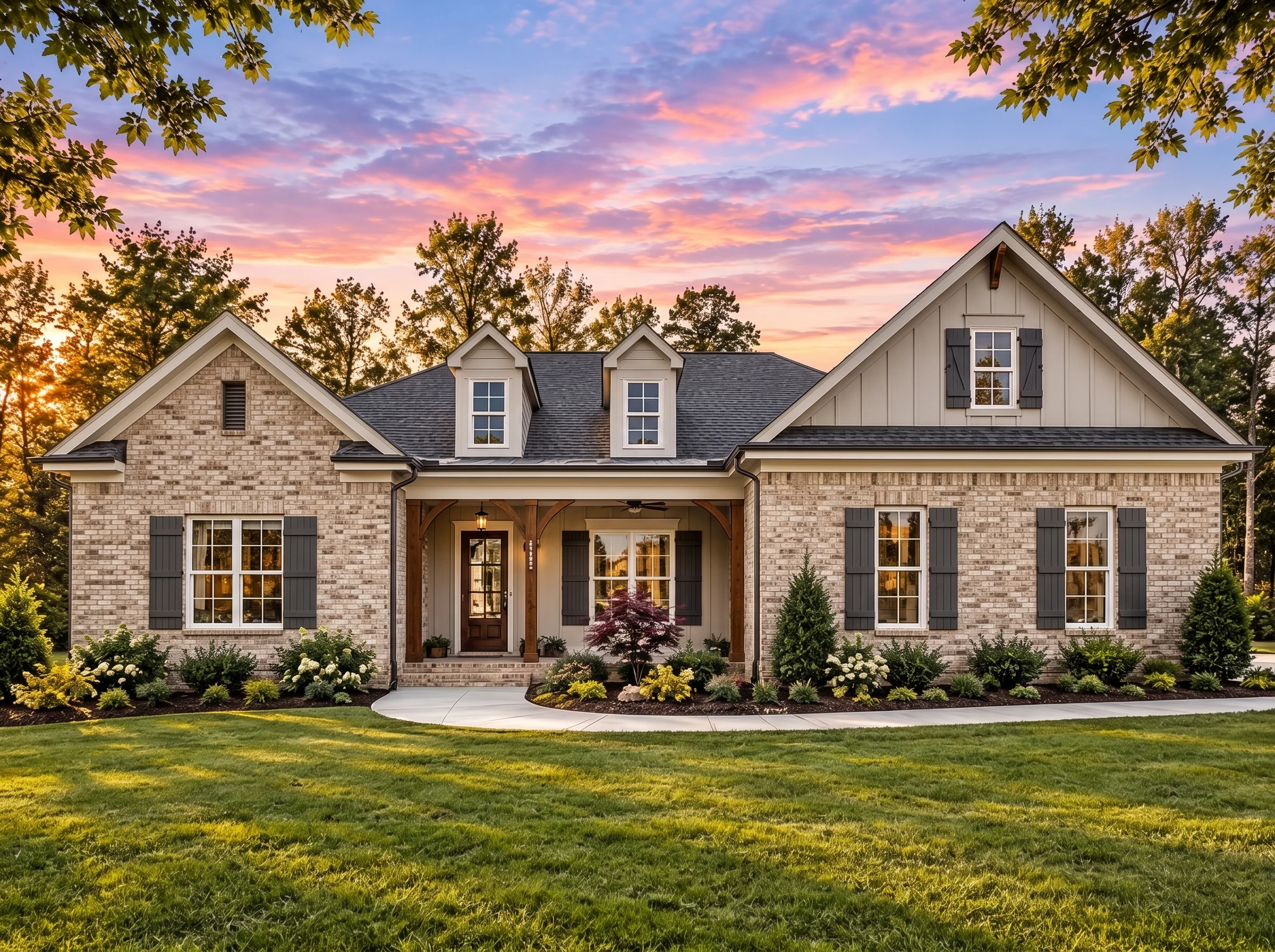 Plan  17-1048B – Aster Bend Haven |  New American – 4-Bed, 3.5-Bath, 2,815 SF - Natural Brick, AI-generated exterior concept