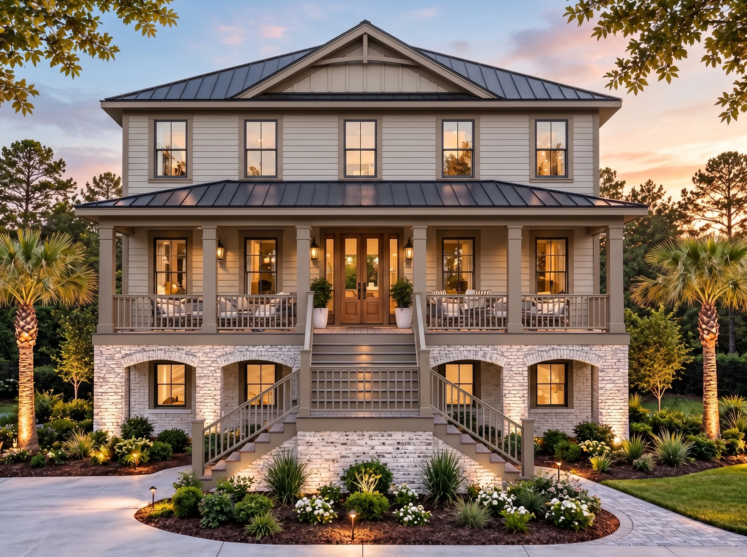 Plan  17-1359 – Auburn Creek Chalet  | Coastal Traditional – 3-Bed, 4.5-Bath, 3,489 SF - Mushroom Taupe, AI-generated exterior concept