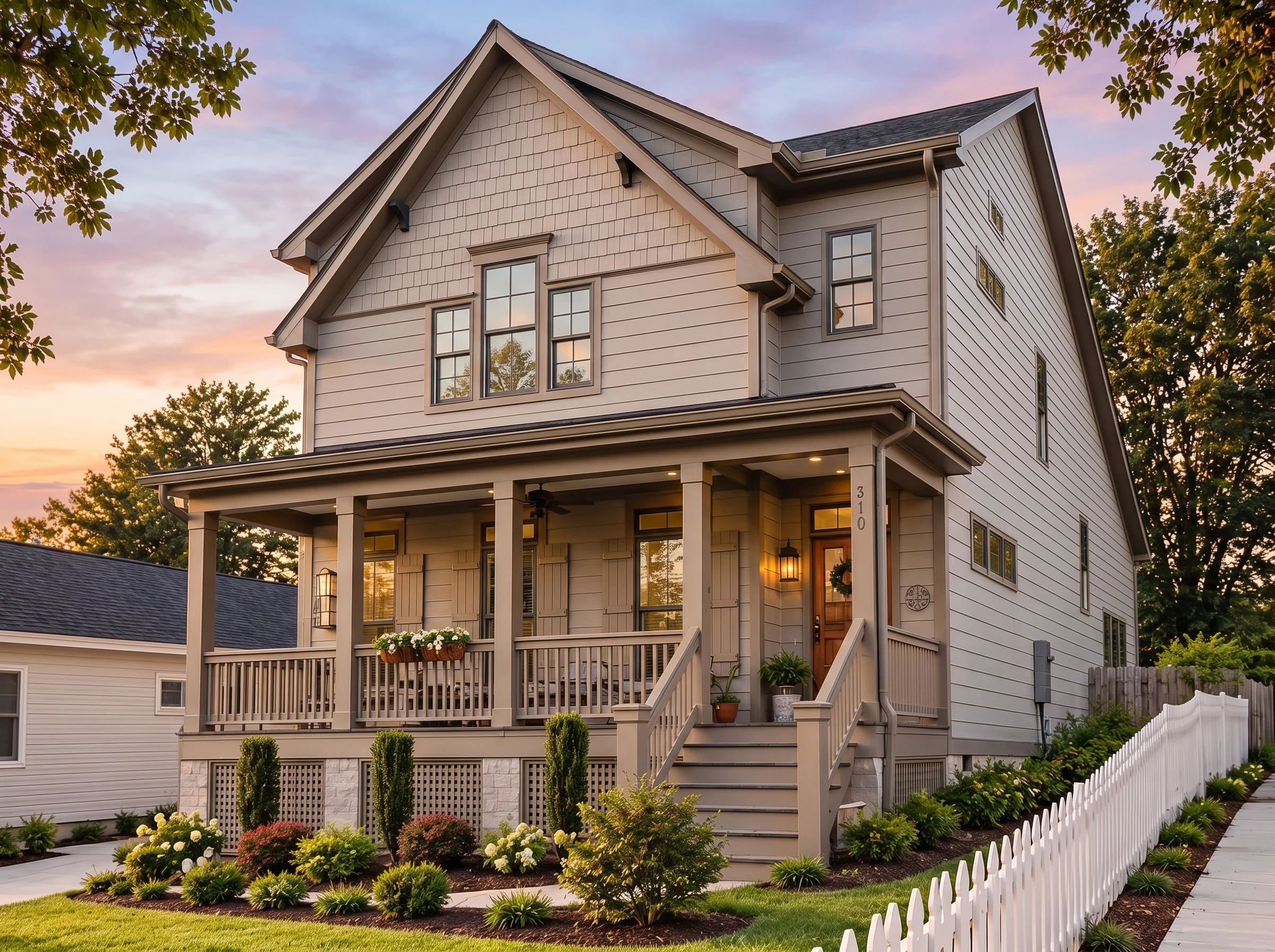 Plan  17-1351 – Lewis Walk |  Traditional Colonial – 3-Bed, 3-Bath, 2,065 SF - Mushroom Taupe, AI-generated exterior concept