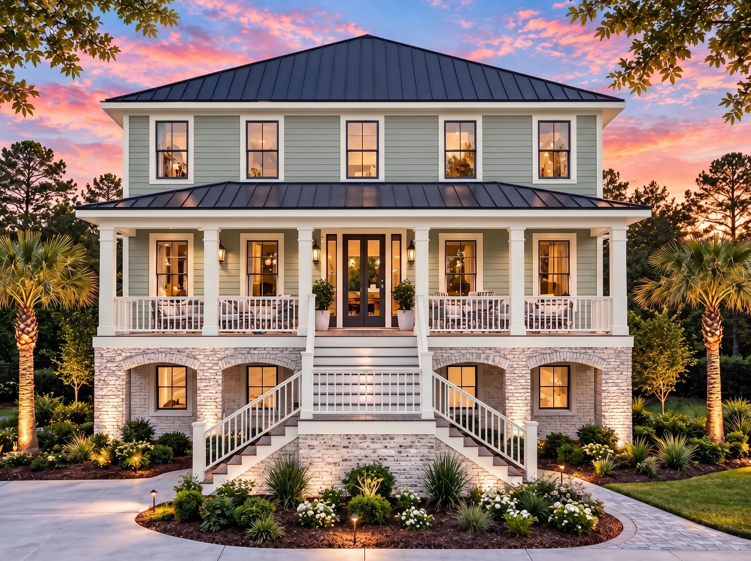 Plan  17-1359 – Auburn Creek Chalet  | Coastal Traditional – 3-Bed, 4.5-Bath, 3,489 SF - Muted Sage, AI-generated exterior concept