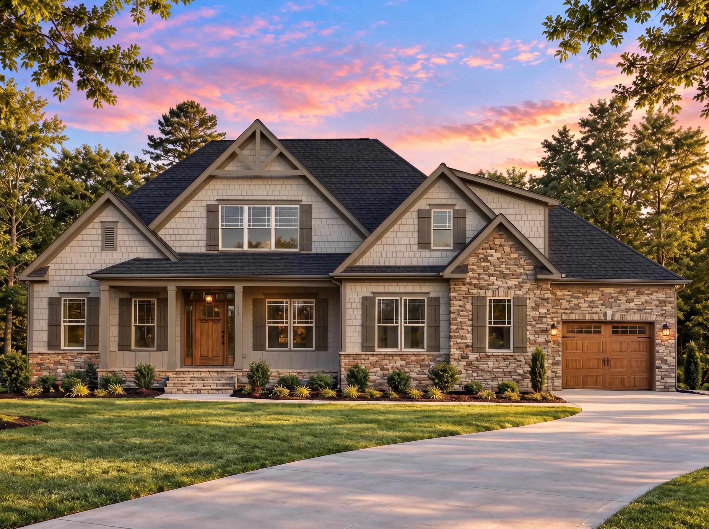 Plan  17-1341 – Clark Lodge | New  American – 4-Bed, 3.5-Bath, 3,170 SF - Mushroom Taupe, AI-generated exterior concept