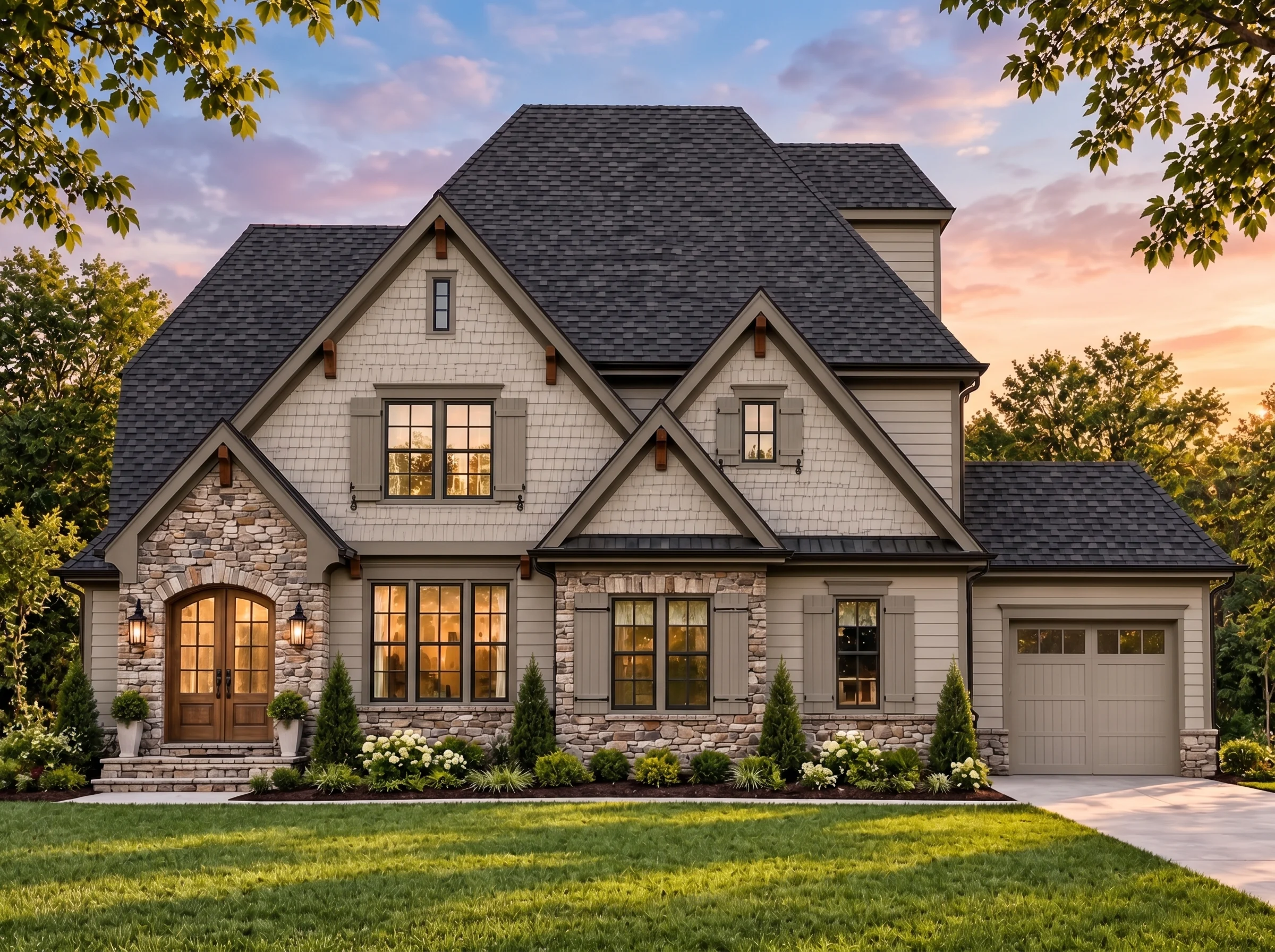 Plan  17-1332 – Montana Basin | New  American – 4-Bed, 3.5-Bath, 1,725 SF - Mushroom Taupe, AI-generated exterior concept