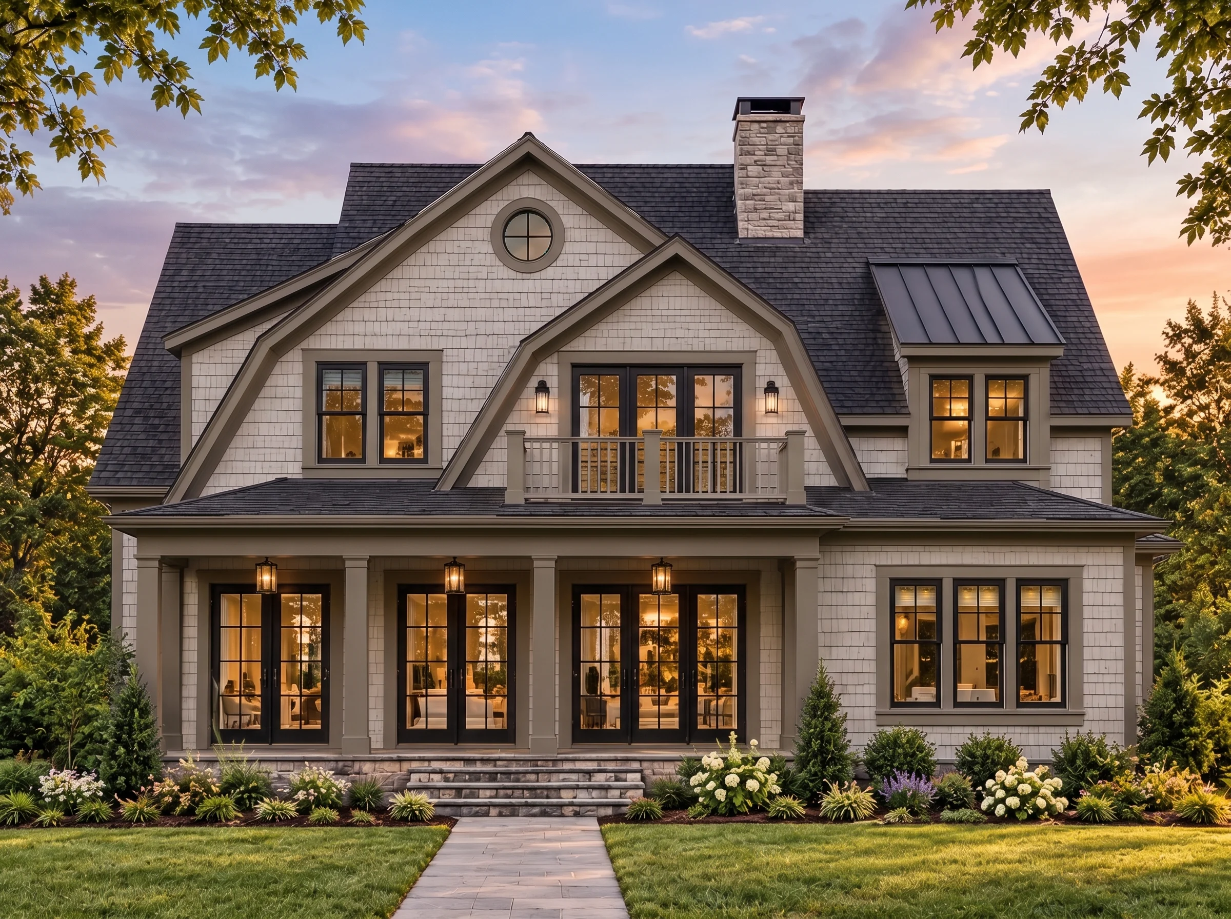 Plan  17-1301 – Kites Farm | Shingle  Style – 5-Bed, 4.5-Bath, 4,244 SF - Mushroom Taupe, AI-generated exterior concept