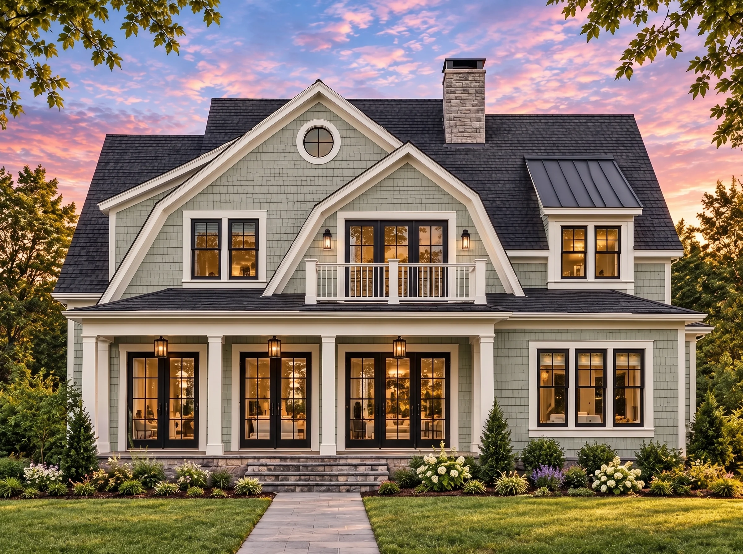 Plan  17-1301 – Kites Farm | Shingle  Style – 5-Bed, 4.5-Bath, 4,244 SF - Muted Sage, AI-generated exterior concept