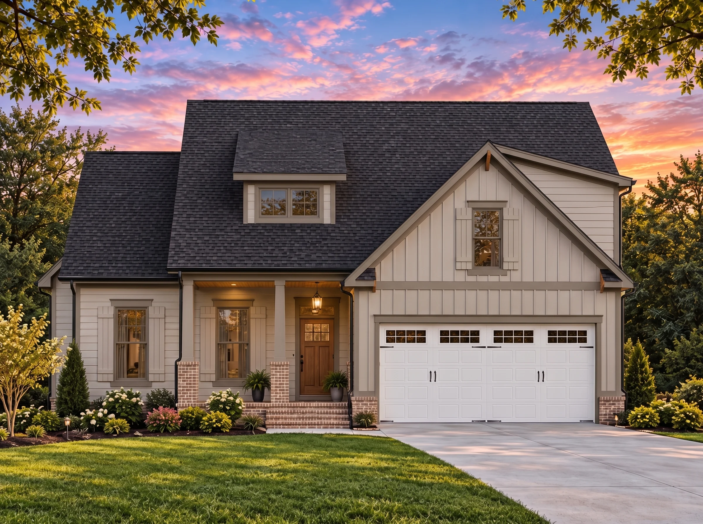 Plan  17-1295 – The Garcia House |  Modern Farmhouse – 3-Bed, 2-Bath, 2,021 SF - Mushroom Taupe, AI-generated exterior concept