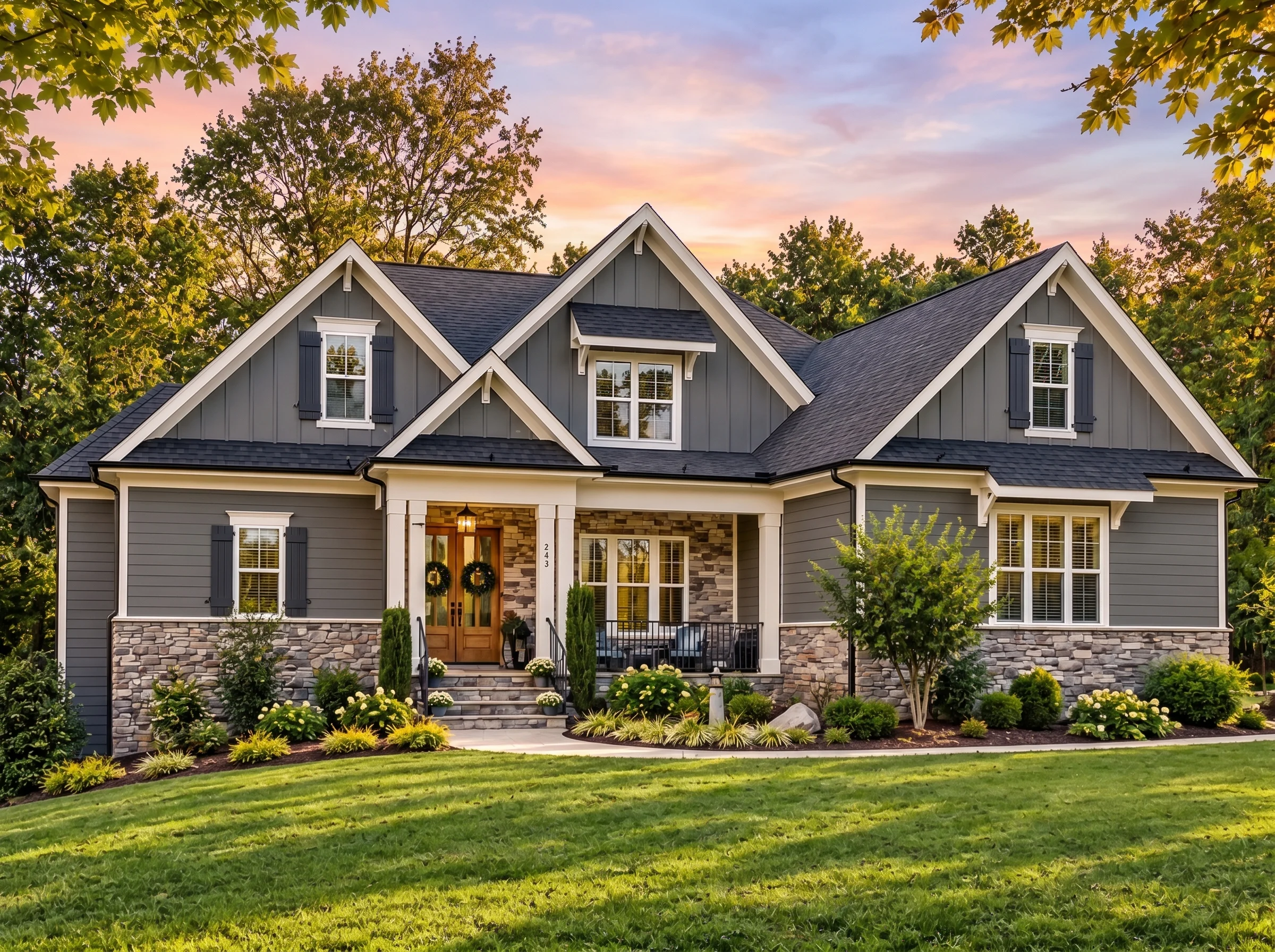Plan  17-1261 – Manor Pub | New  American – 4-Bed, 4.3-Bath, 3,306 SF - Warm Charcoal, AI-generated exterior concept