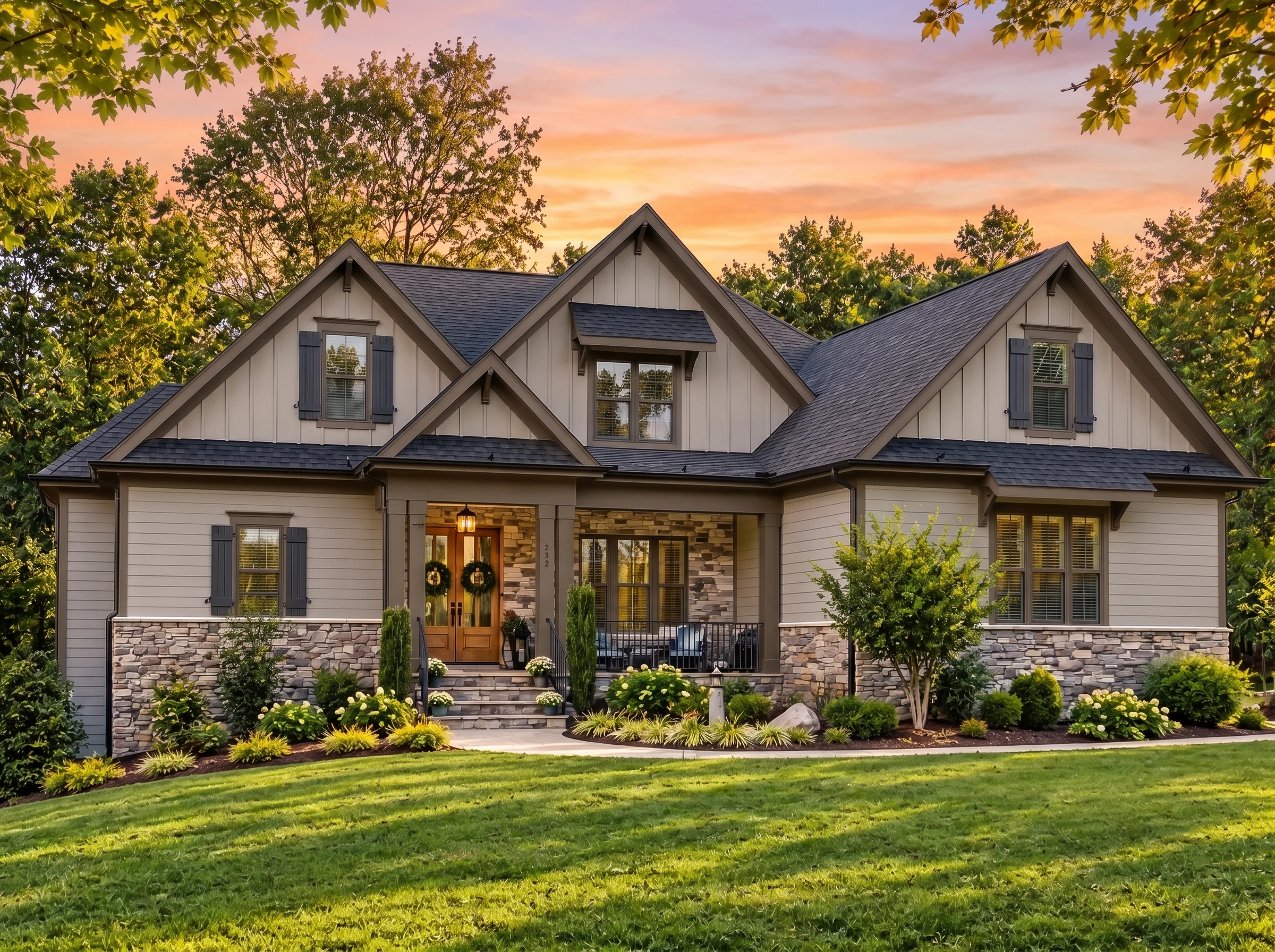 Plan  17-1261 – Manor Pub | New  American – 4-Bed, 4.3-Bath, 3,306 SF - Mushroom Taupe, AI-generated exterior concept