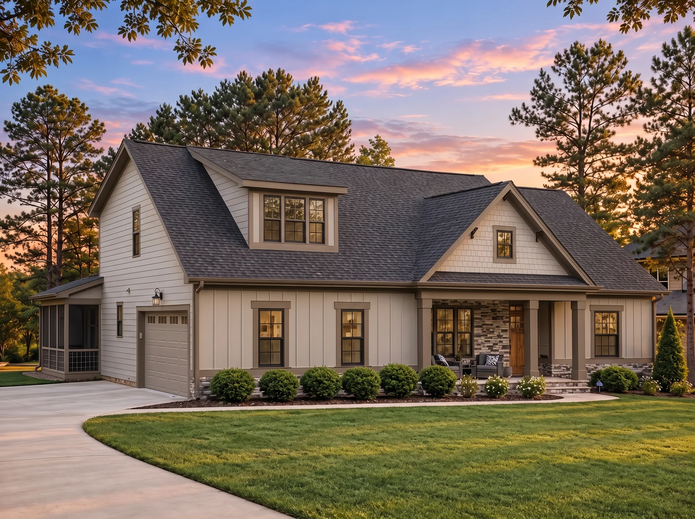 Plan  17-1386 – Honeysuckle Hall |  New American – 5-Bed, 4-Bath, 2,615 SF - Mushroom Taupe, AI-generated exterior concept