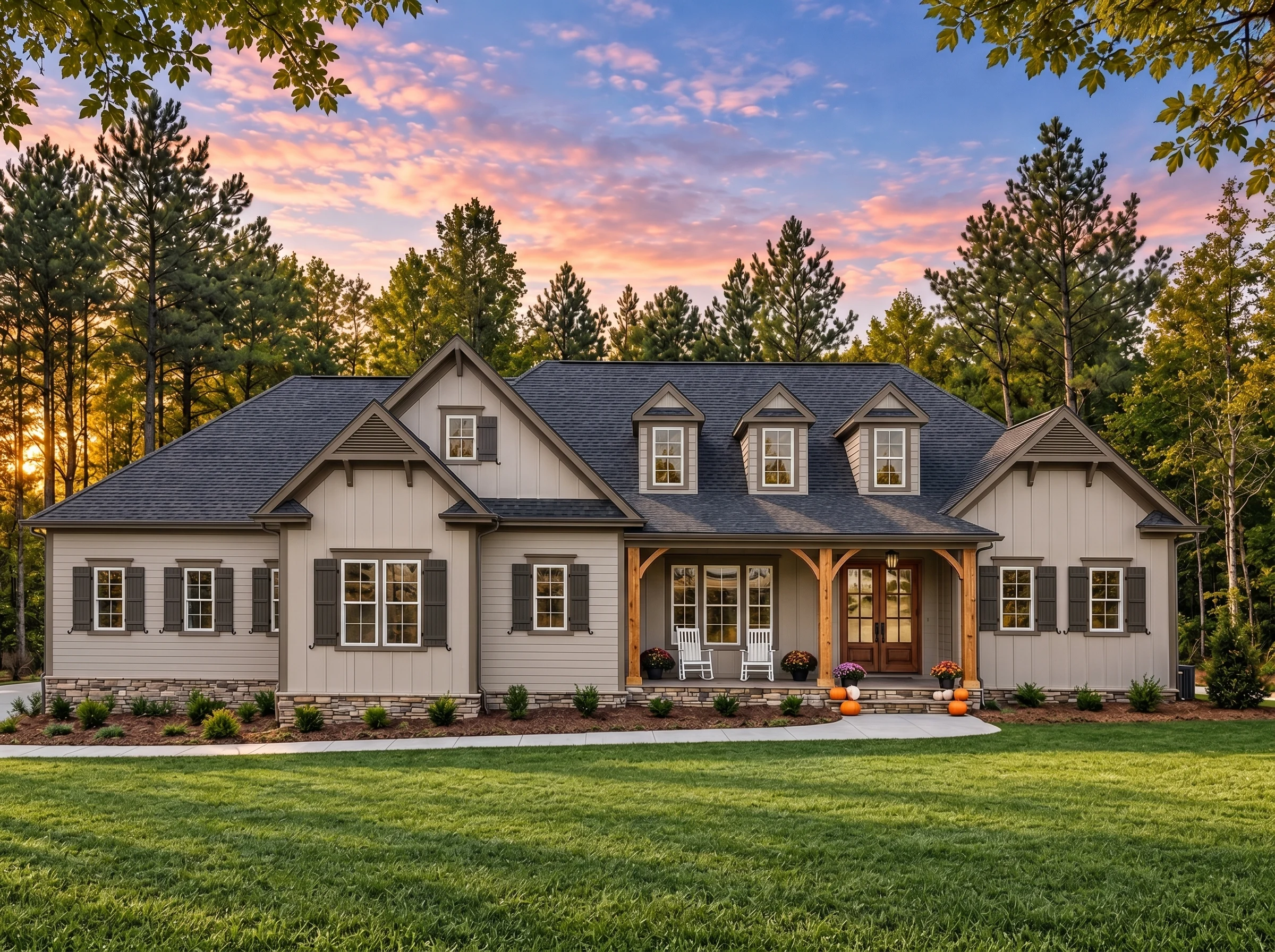 Plan  17-1388 – The Lee Farmhouse |  New American – 4-Bed, 2-Bath, 3,571 SF - Mushroom Taupe, AI-generated exterior concept