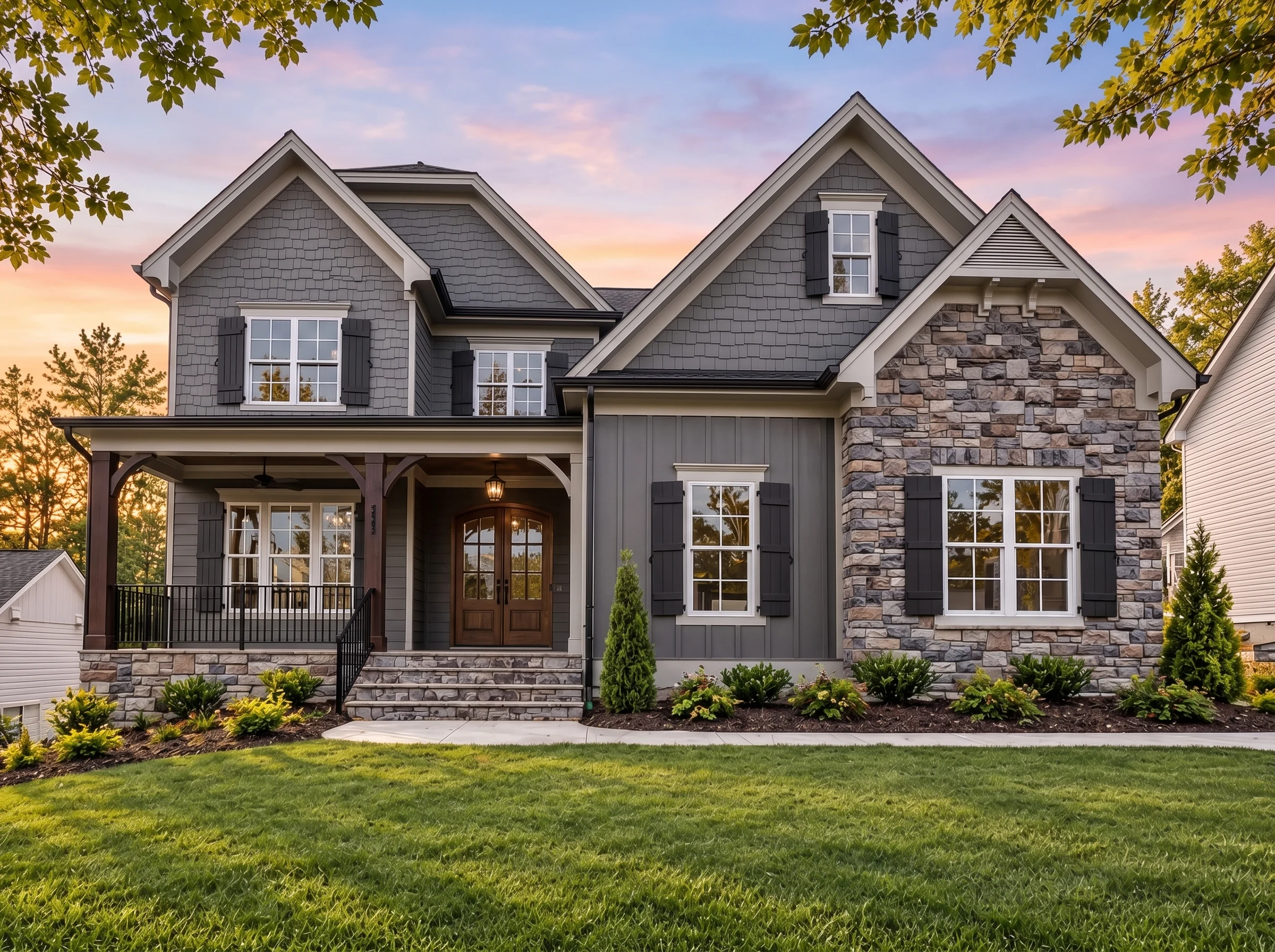 Plan  17-1400 – Auburn Glen House |  New American – 5-Bed, 5-Bath, 4,597 SF - Warm Charcoal, AI-generated exterior concept