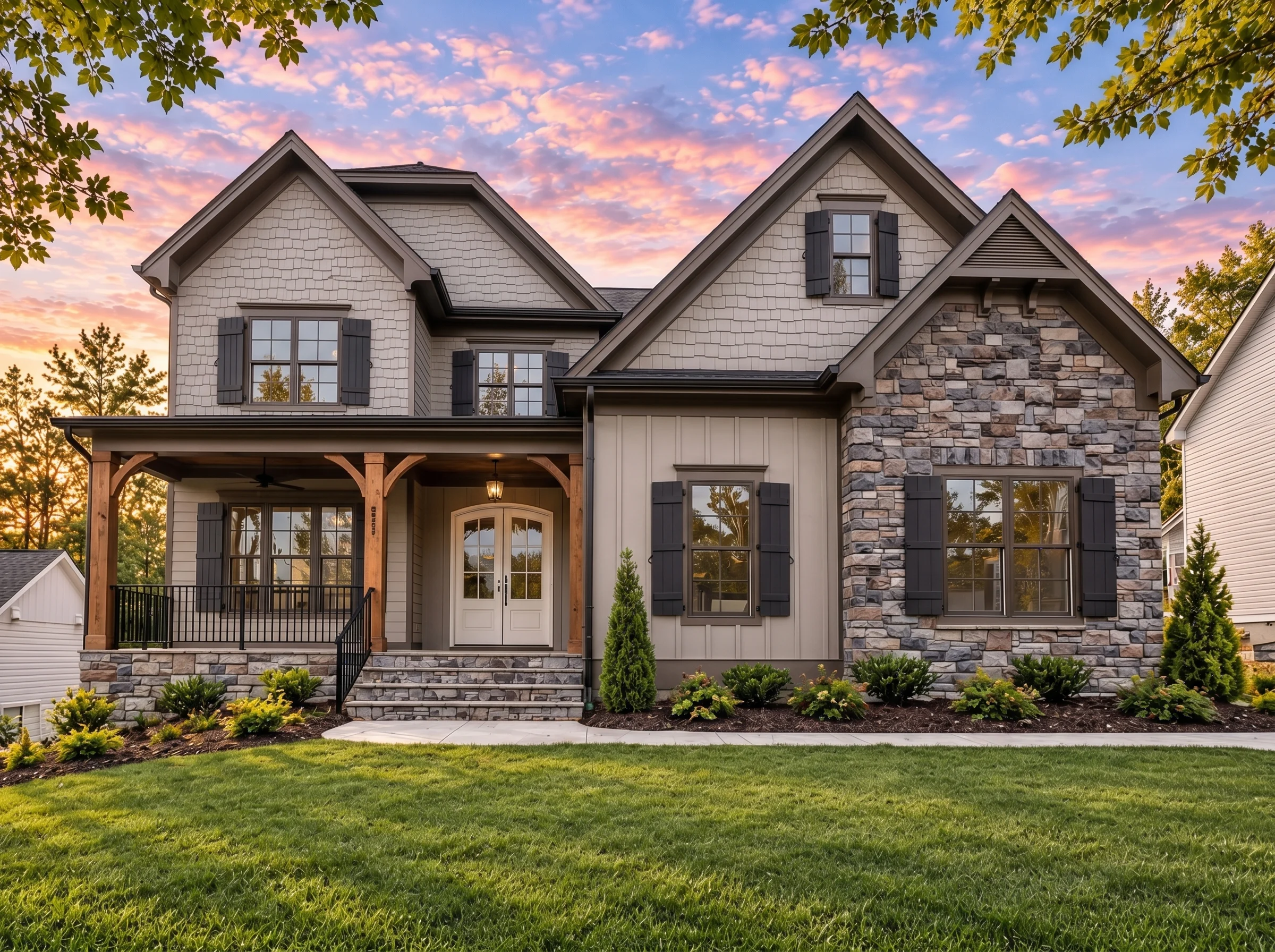 Plan  17-1400 – Auburn Glen House |  New American – 5-Bed, 5-Bath, 4,597 SF - Mushroom Taupe, AI-generated exterior concept