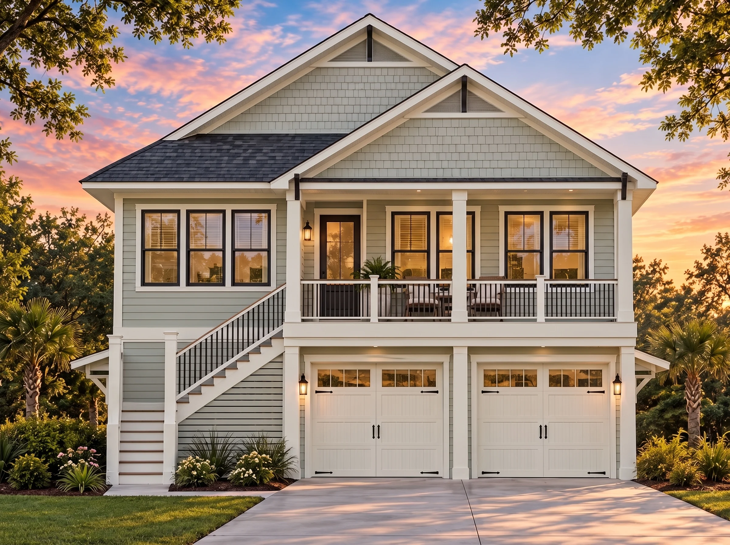 Plan  17-1409 – The Hall Estate |  Coastal Traditional – 3-Bed, 4-Bath, 1,860 SF - Muted Sage, AI-generated exterior concept