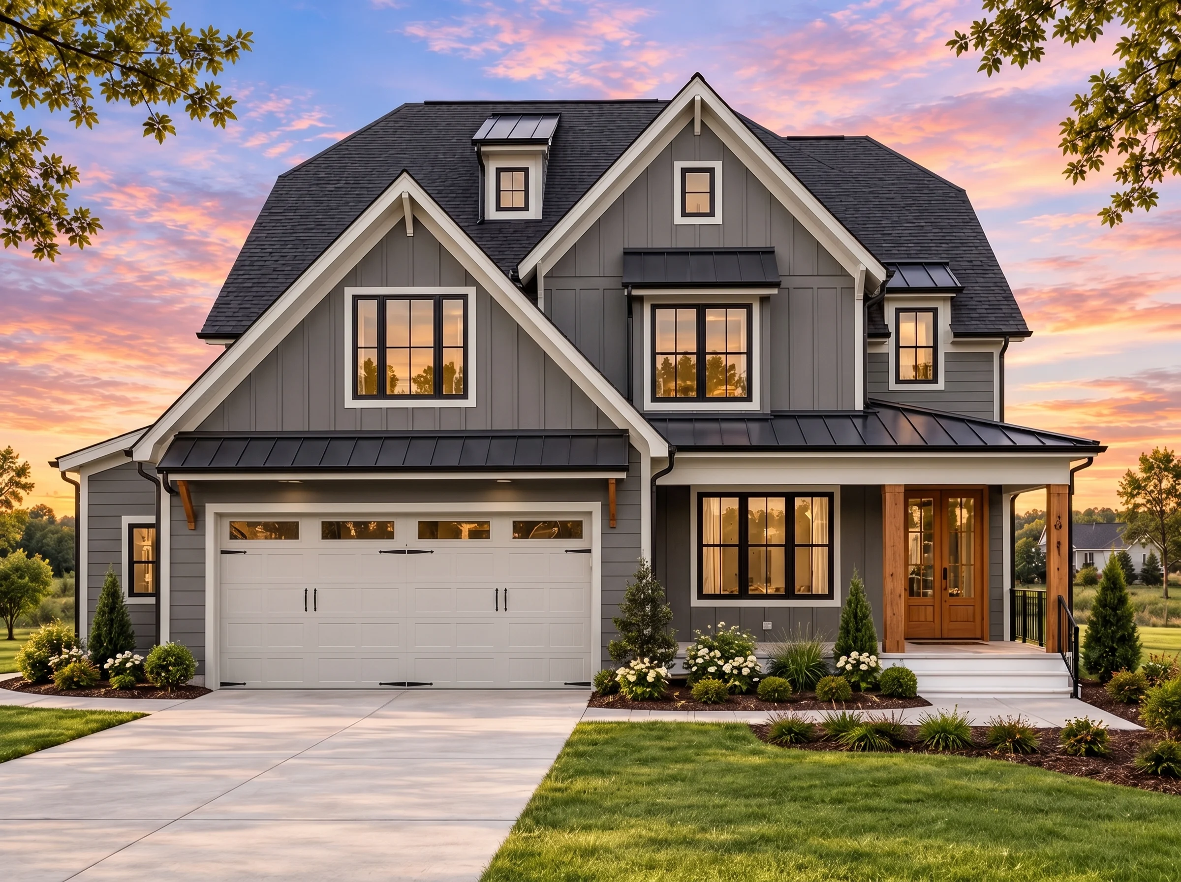 Plan  17-1436 – Auburn Point Farmhouse  | Modern Farmhouse – 3-Bed, 3.5-Bath, 2,108 SF - Warm Charcoal, AI-generated exterior concept