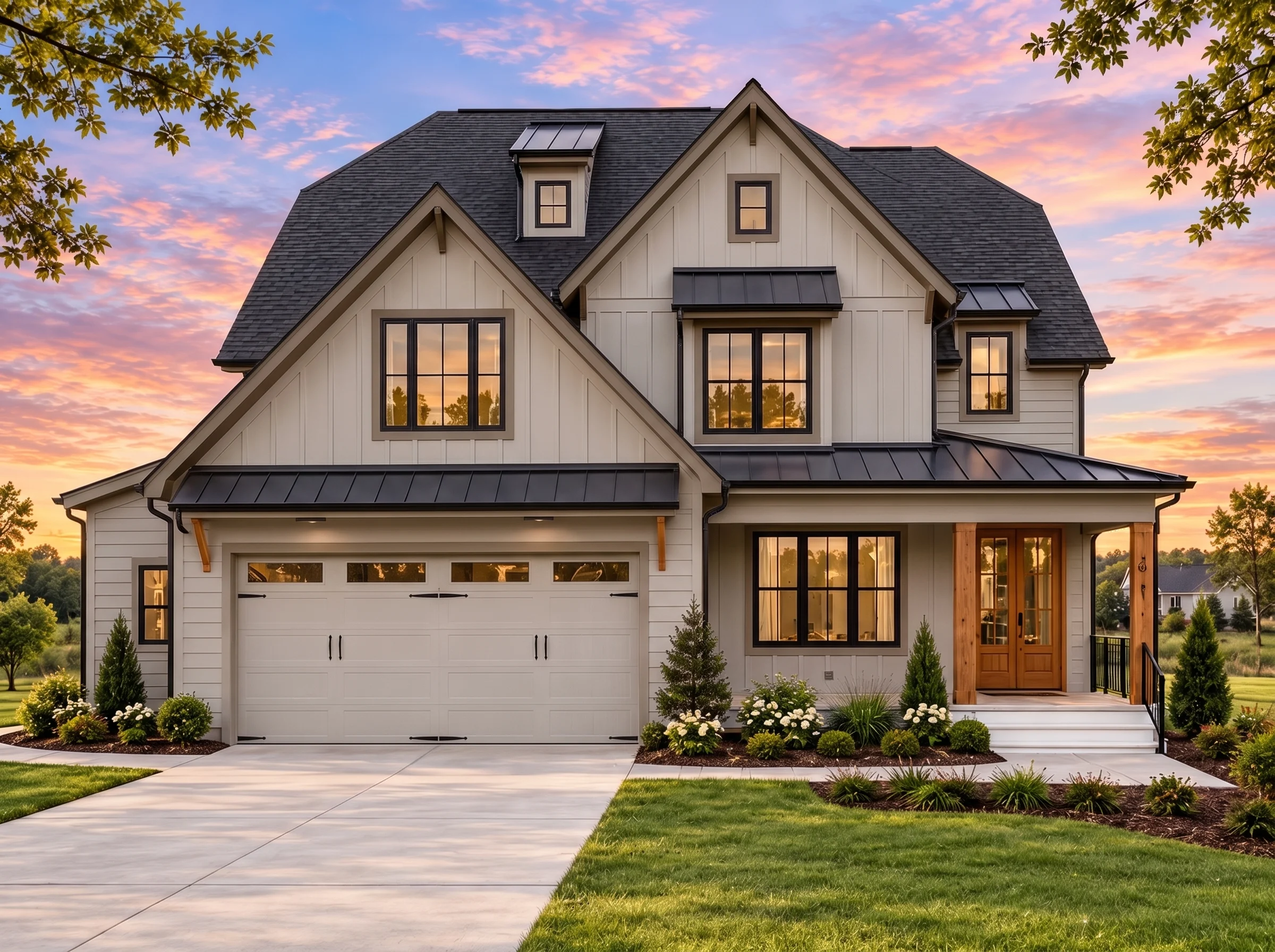 Plan  17-1436 – Auburn Point Farmhouse  | Modern Farmhouse – 3-Bed, 3.5-Bath, 2,108 SF - Mushroom Taupe, AI-generated exterior concept