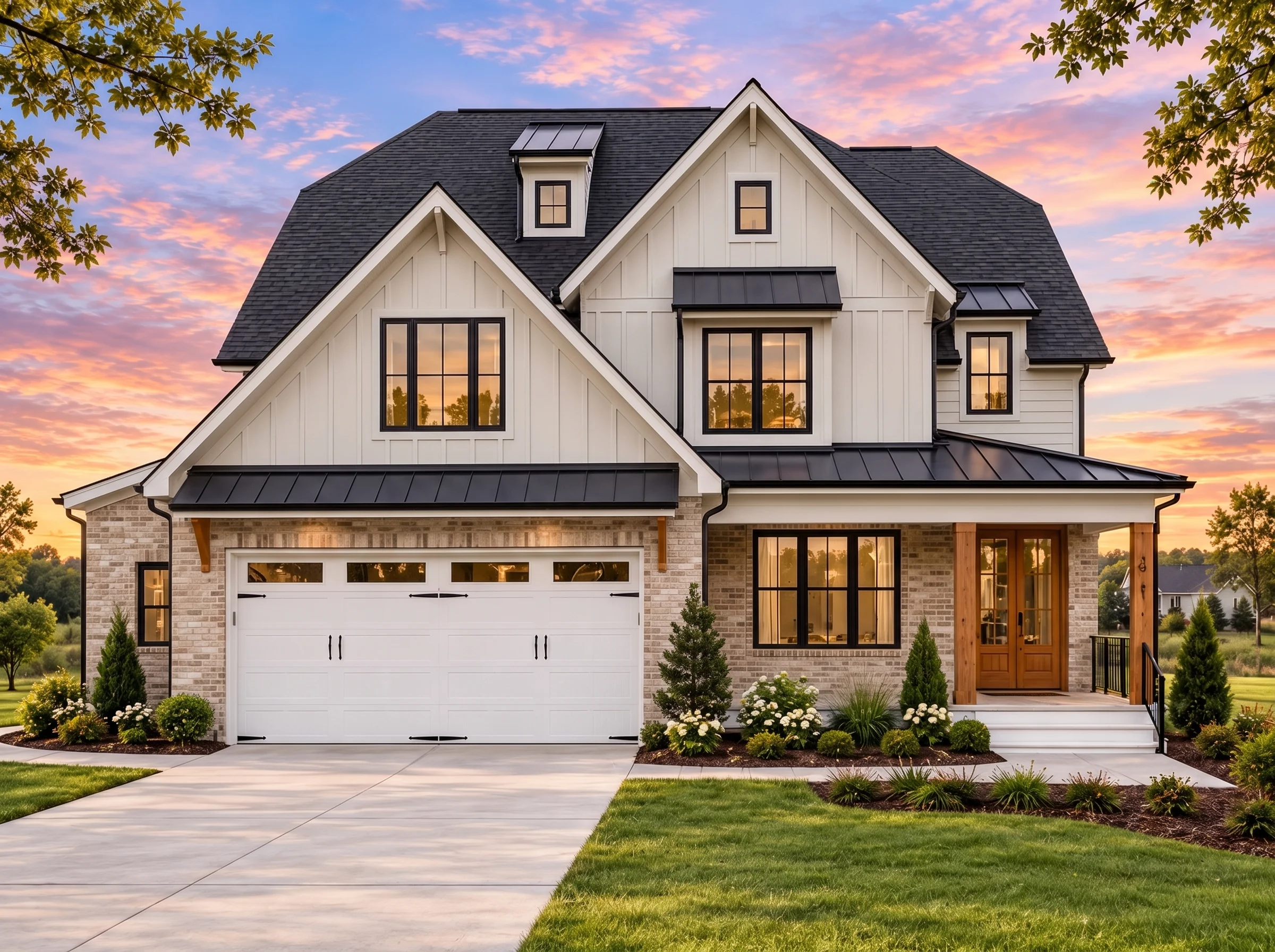 Plan  17-1436 – Auburn Point Farmhouse  | Modern Farmhouse – 3-Bed, 3.5-Bath, 2,108 SF - Natural Brick, AI-generated exterior concept