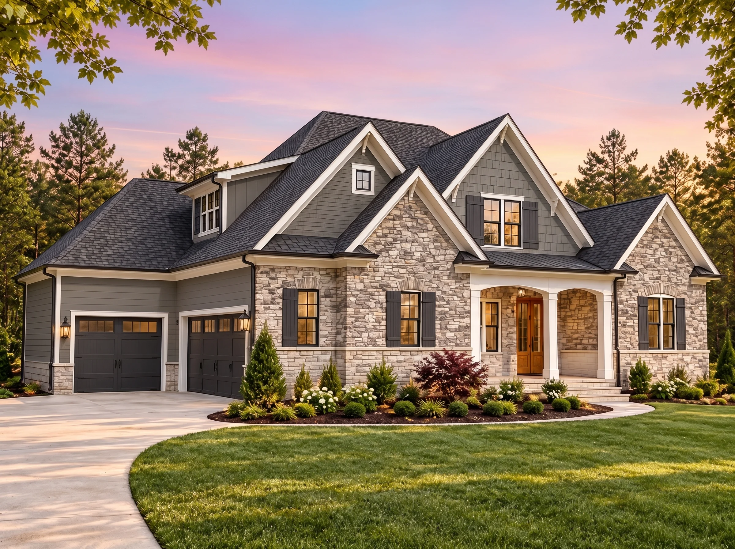 Plan  17-1452 – Hernandez Crossing |  New American – 4-Bed, 3.5-Bath, 3,300 SF - Warm Charcoal, AI-generated exterior concept