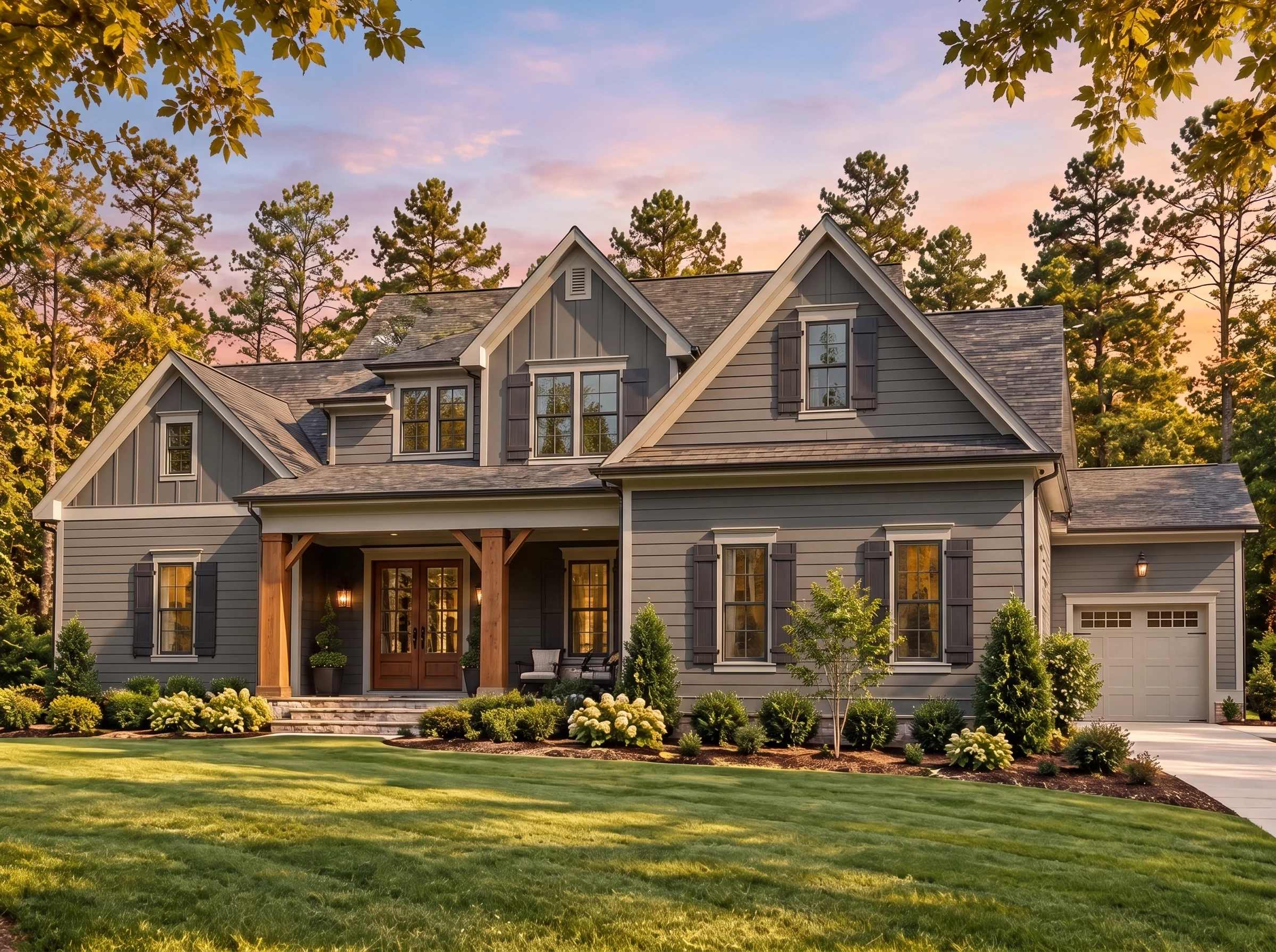 Plan  17-1457 – The King Manor |  Modern Farmhouse – 4-Bed, 5-Bath, 3,236 SF - Warm Charcoal, AI-generated exterior concept