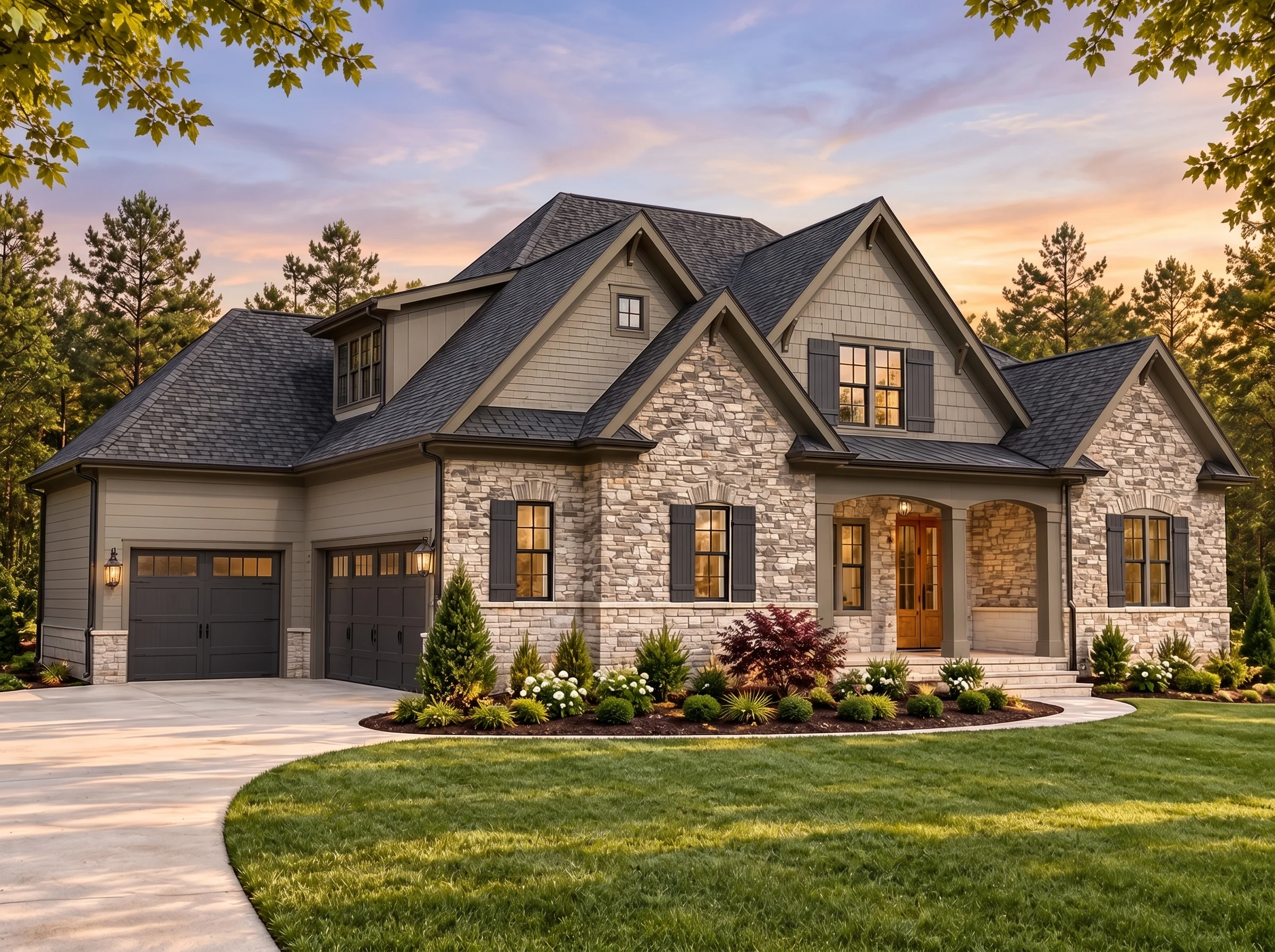 Plan  17-1452 – Hernandez Crossing |  New American – 4-Bed, 3.5-Bath, 3,300 SF - Mushroom Taupe, AI-generated exterior concept