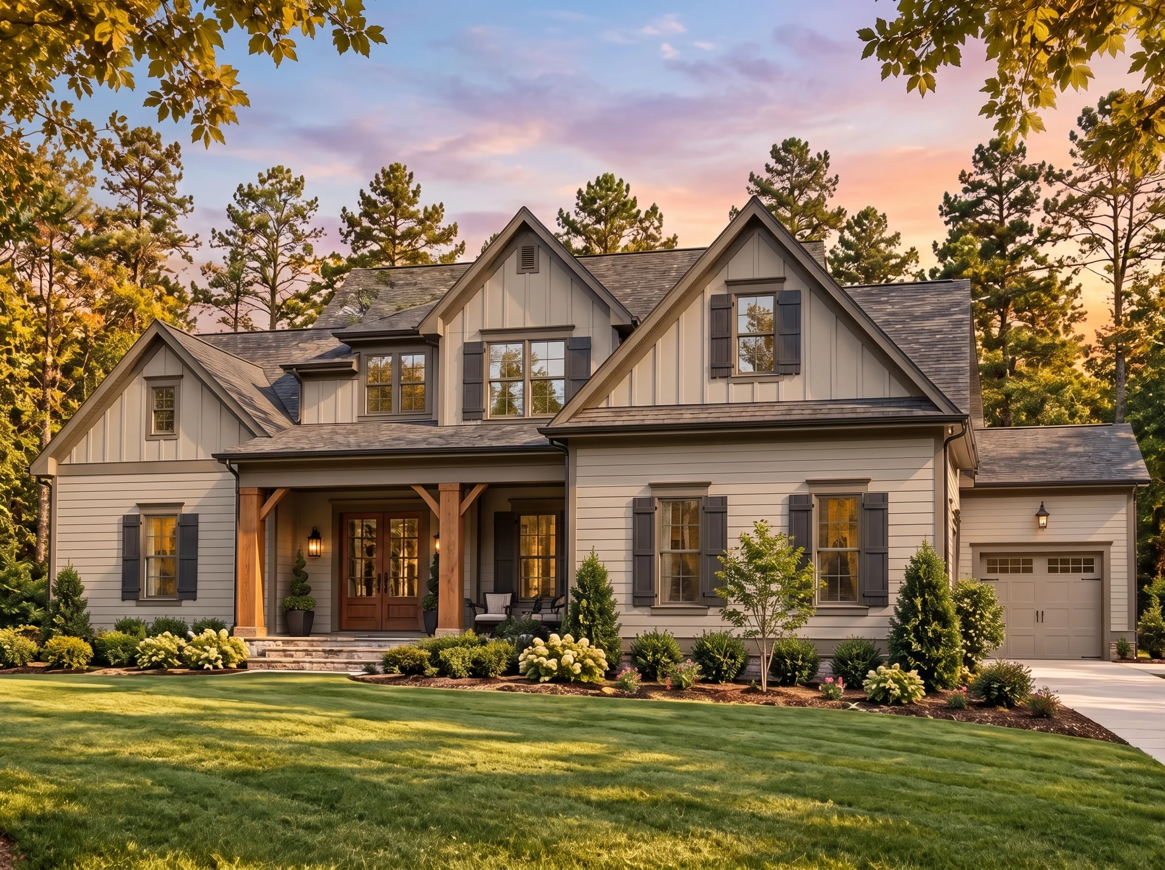 Plan  17-1457 – The King Manor |  Modern Farmhouse – 4-Bed, 5-Bath, 3,236 SF - Mushroom Taupe, AI-generated exterior concept
