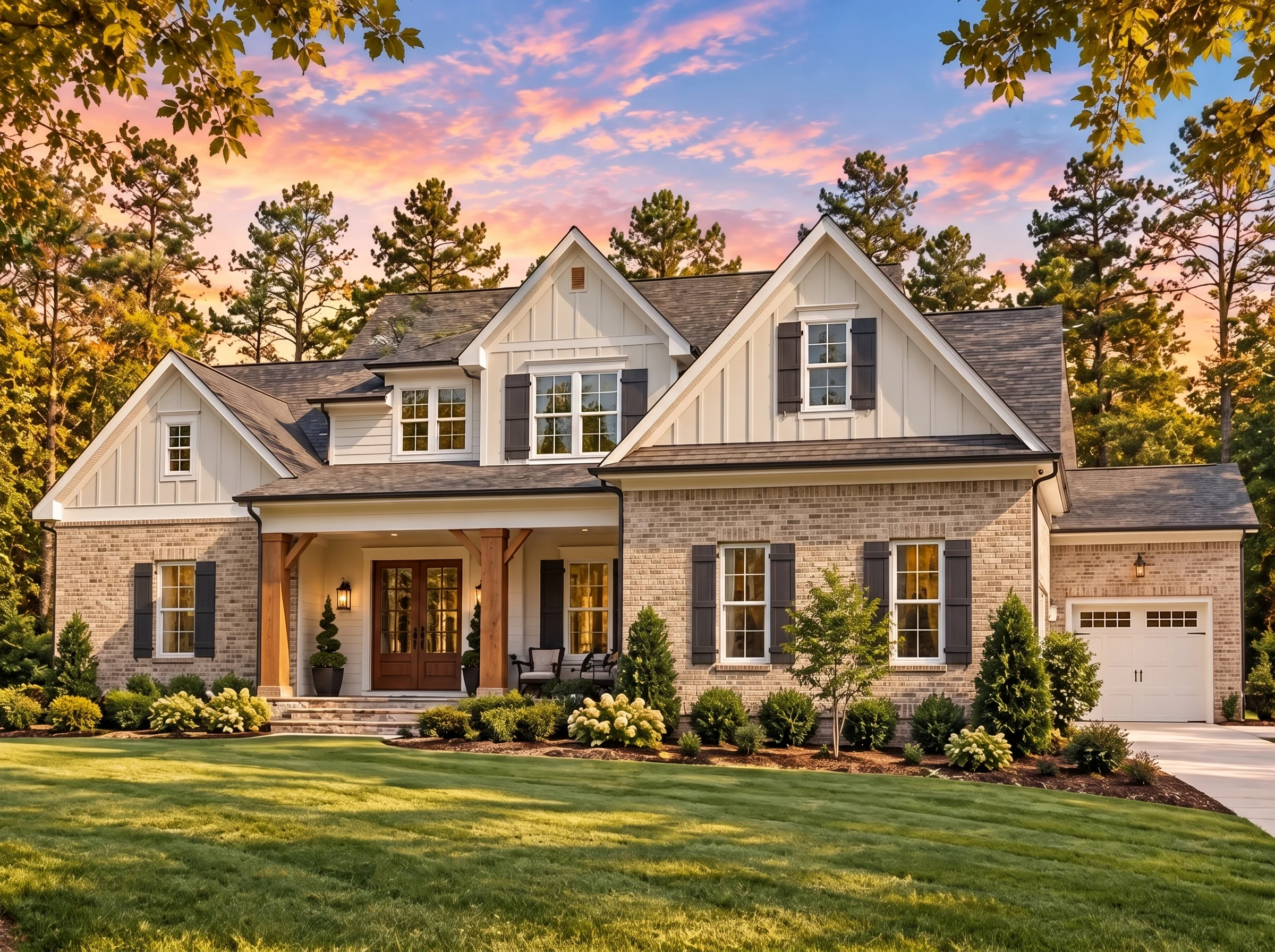 Plan  17-1457 – The King Manor |  Modern Farmhouse – 4-Bed, 5-Bath, 3,236 SF - Natural Brick, AI-generated exterior concept