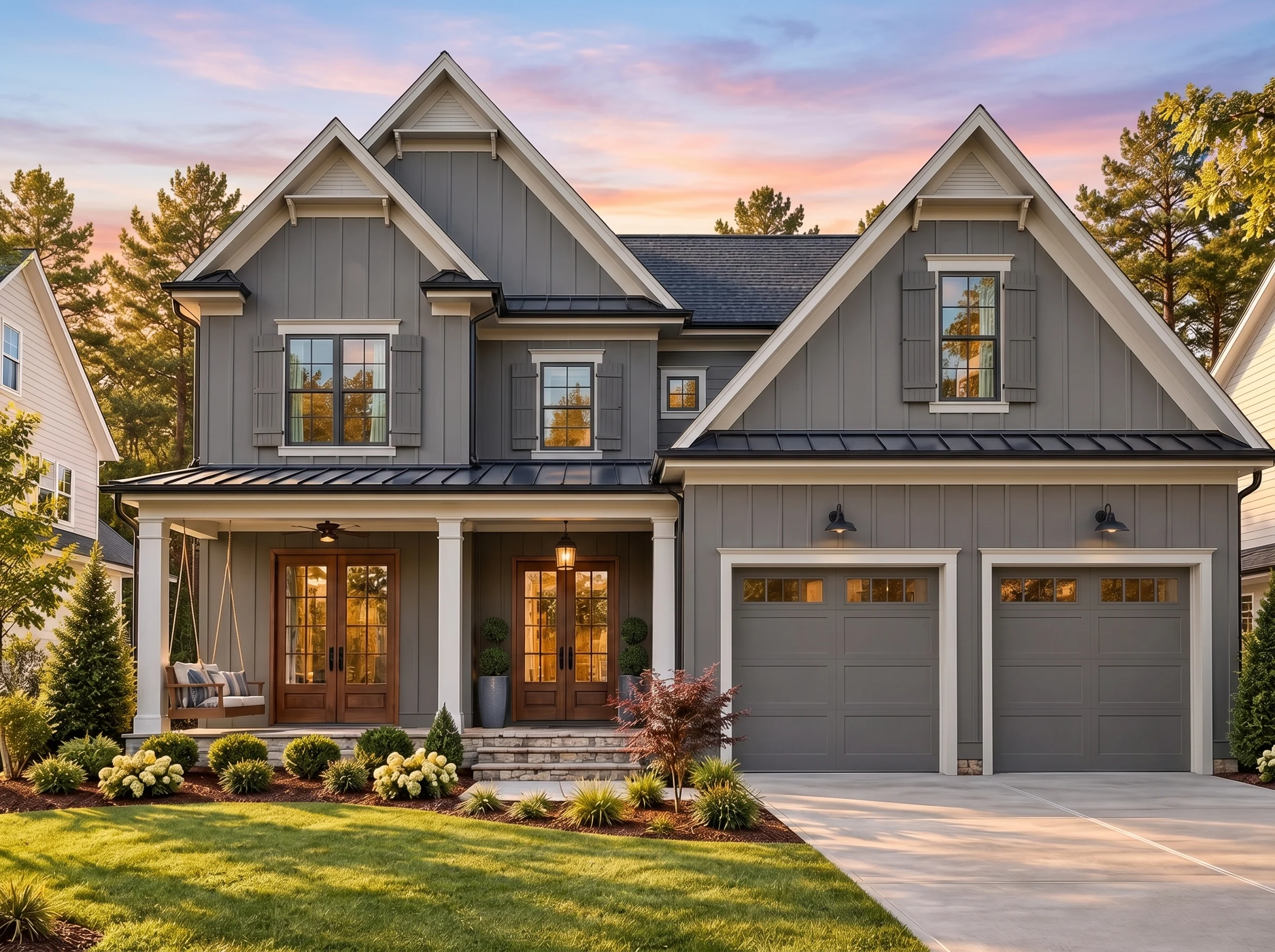 Plan  17-1474 – Wright Retreat |  Modern Farmhouse – 5-Bed, 5.5-Bath, 4,067 SF - Warm Charcoal, AI-generated exterior concept