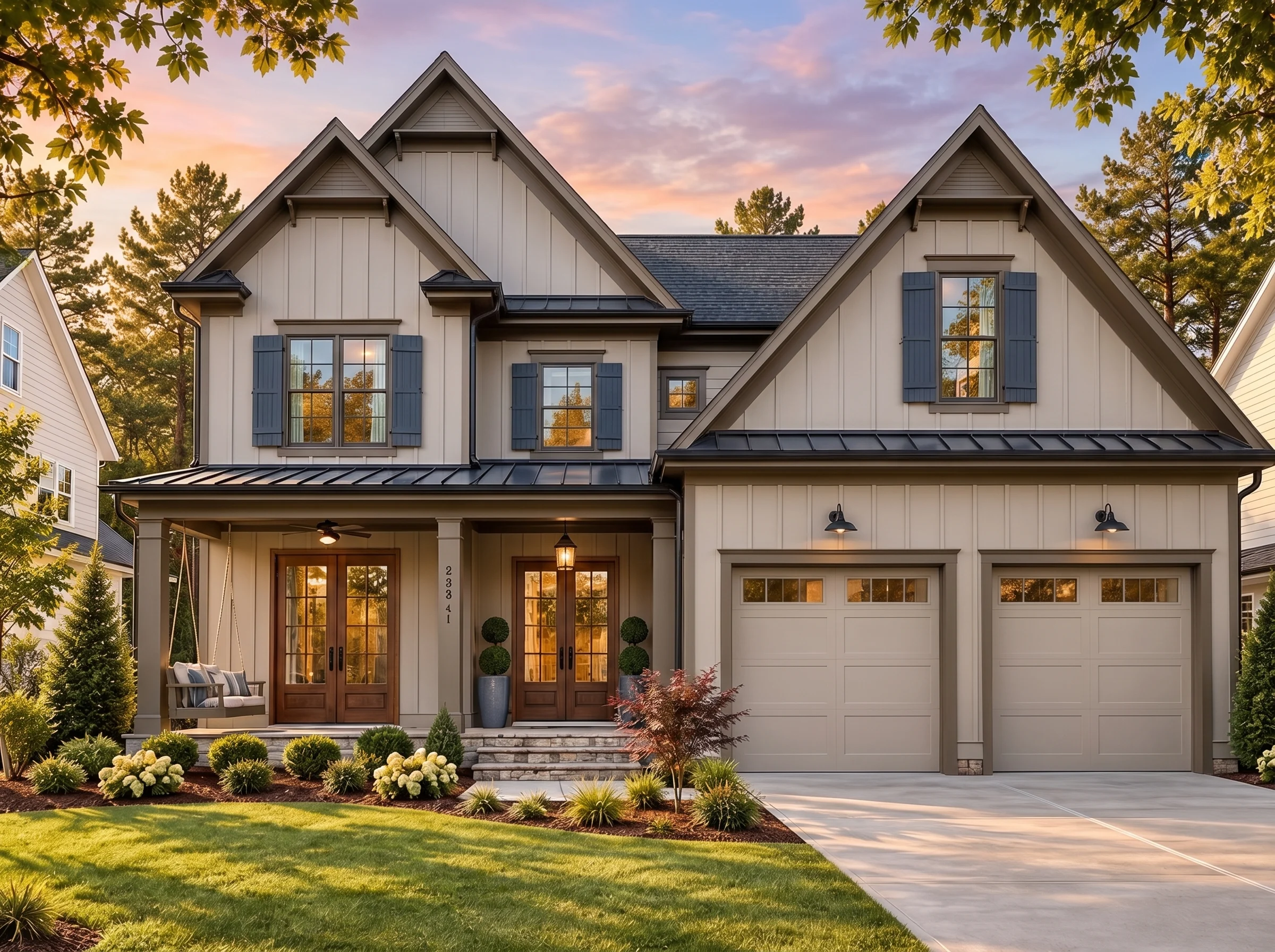 Plan  17-1474 – Wright Retreat |  Modern Farmhouse – 5-Bed, 5.5-Bath, 4,067 SF - Mushroom Taupe, AI-generated exterior concept