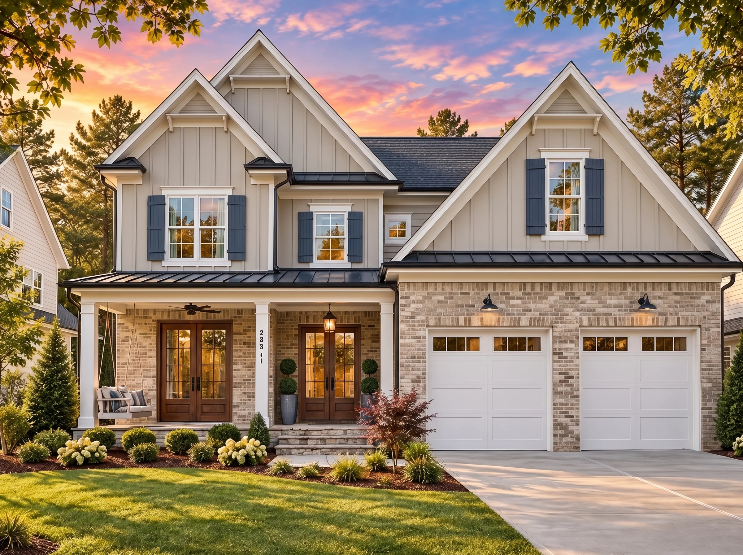Plan  17-1474 – Wright Retreat |  Modern Farmhouse – 5-Bed, 5.5-Bath, 4,067 SF - Natural Brick, AI-generated exterior concept